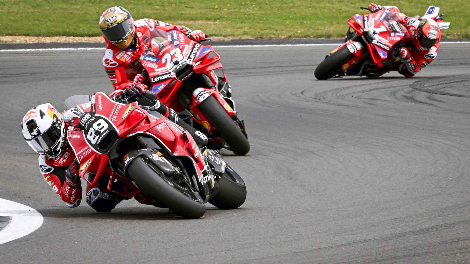Jorge Martin leads Enea Bastianini, Francesco Bagnaia, 2024 MotoGP British Grand Prix. Credit: Gold and Goose.
