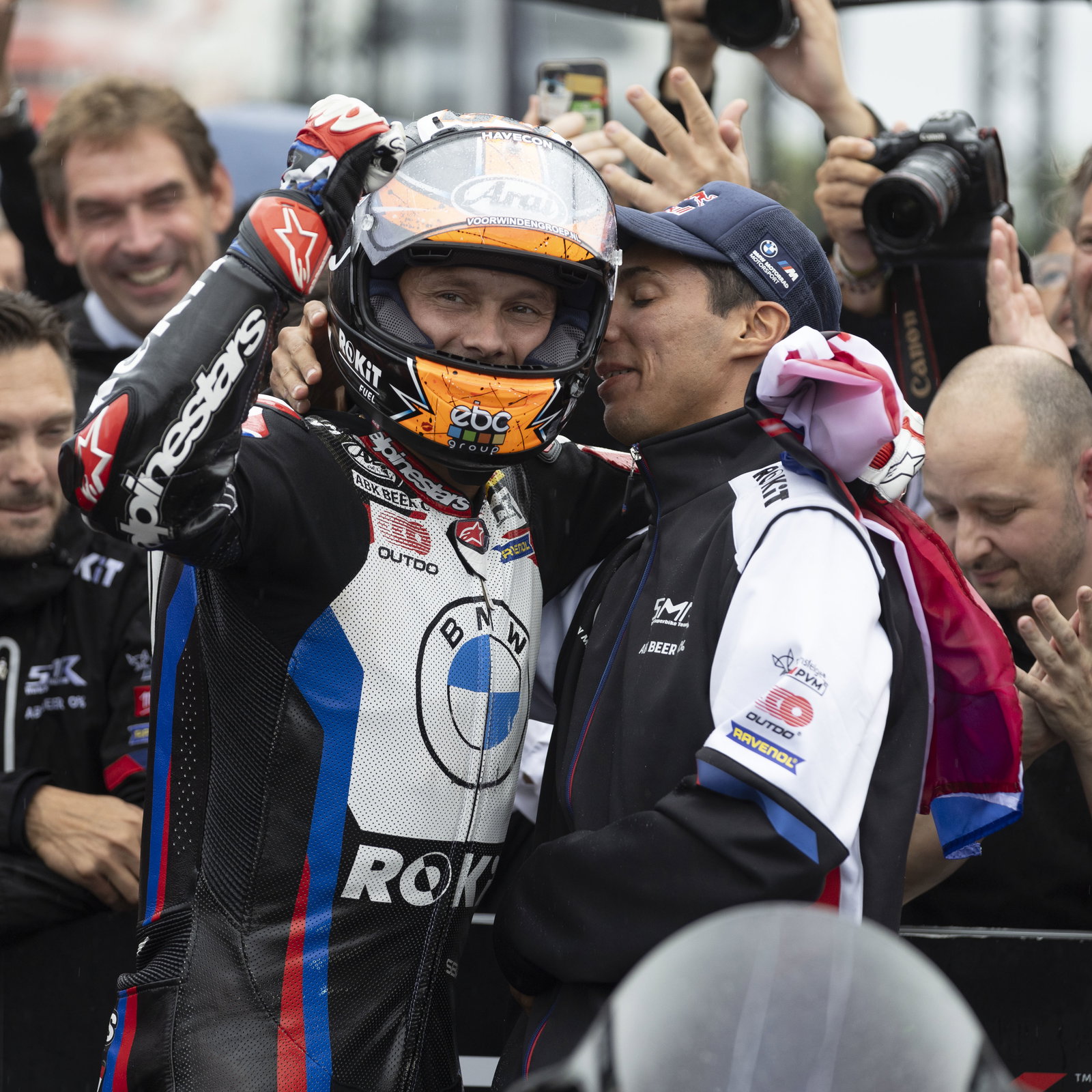 Michael van der Mark, Toprak Razgatlioglu, 2024 French WorldSBK, parc ferme. - Gold and Goose
