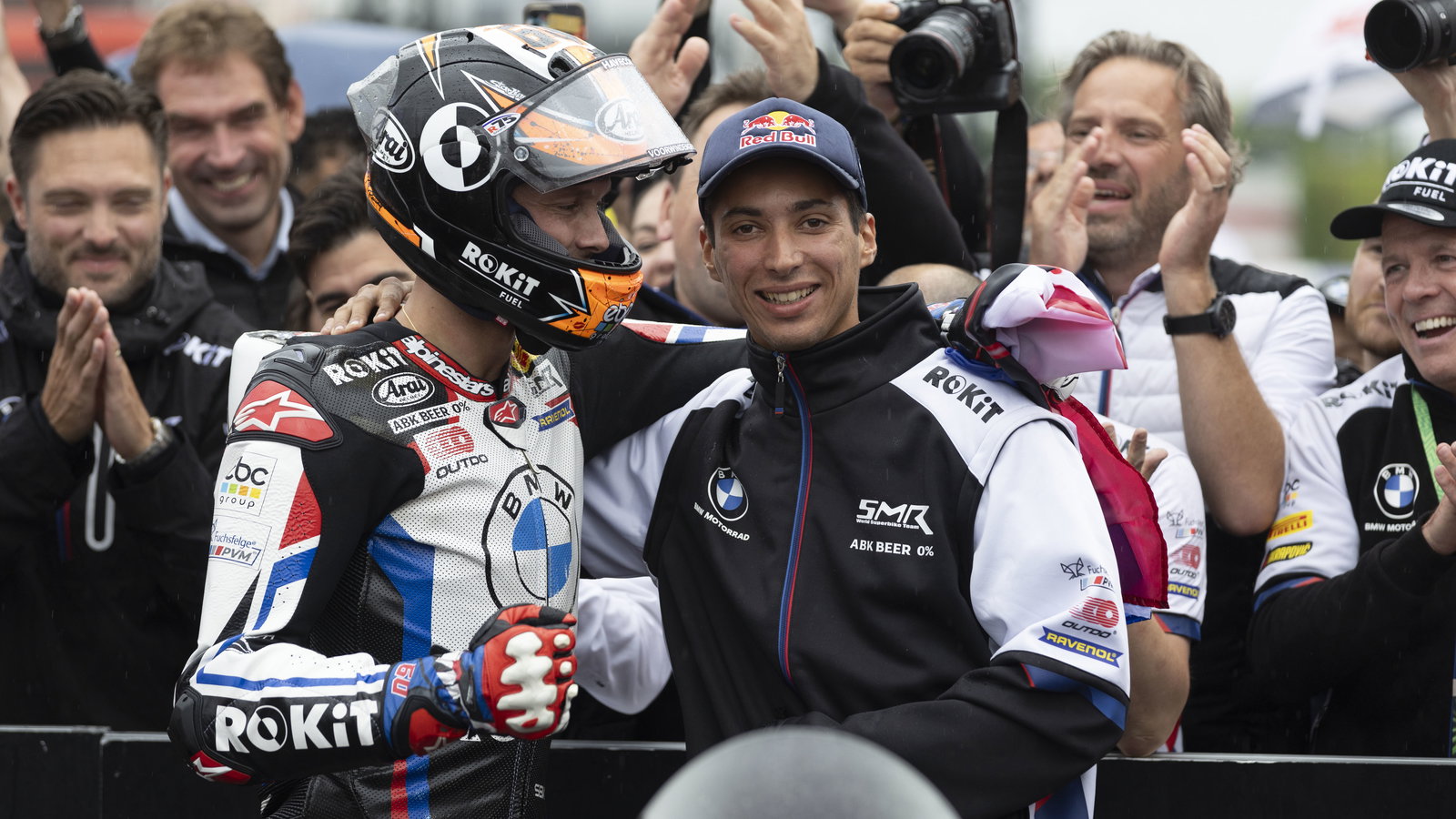 Toprak Razgatlioglu, Micharl van der Mark, 2024 French WorldSBK, parc ferme. Credit: Gold and Goose.