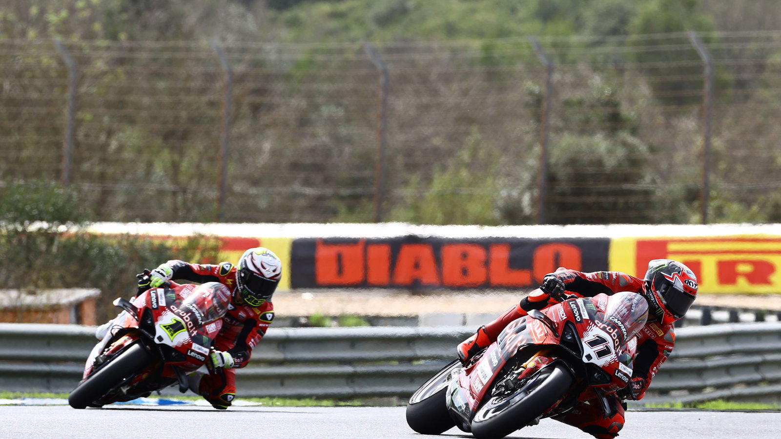 Nicolo Bulega leads Alvaro Bautista, 2024 Estoril WorldSBK. Credit: Gold and Goose.