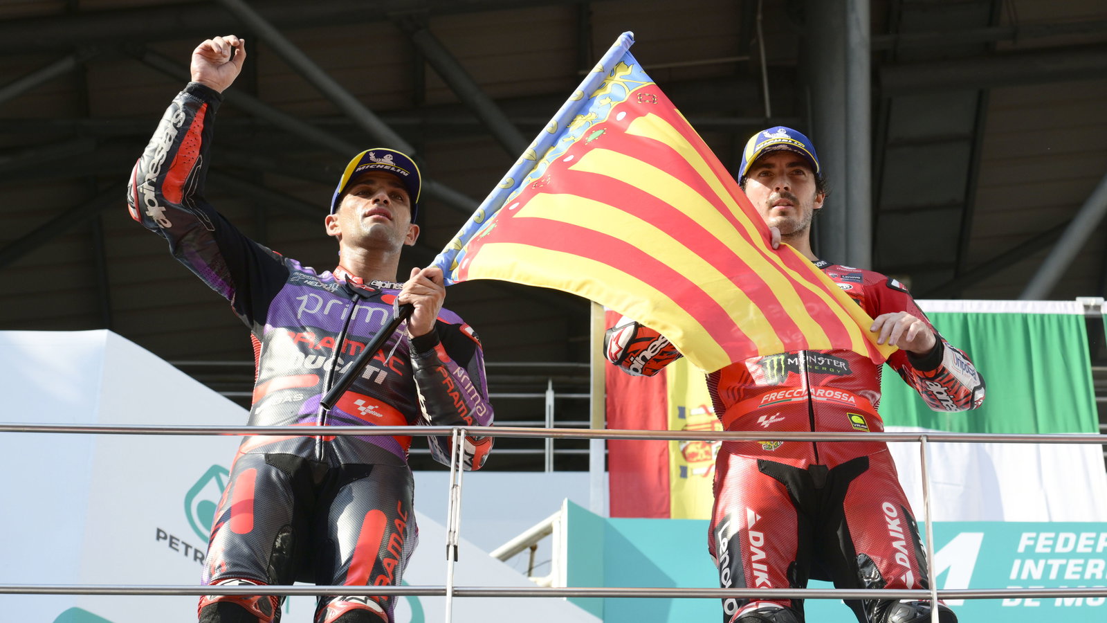 Jorge Martin, Francesco Bagnaia, 2024 MotoGP Malaysian Grand Prix, podium. Credit: Gold and Goose.