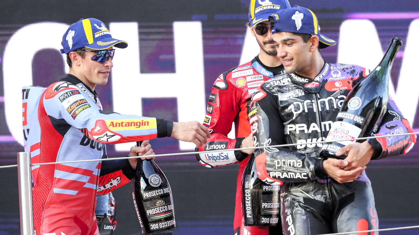 Marc Marquez, Jorge Martin, Francesco Bagnaia, 2024 Solidarity Barcelona MotoGP