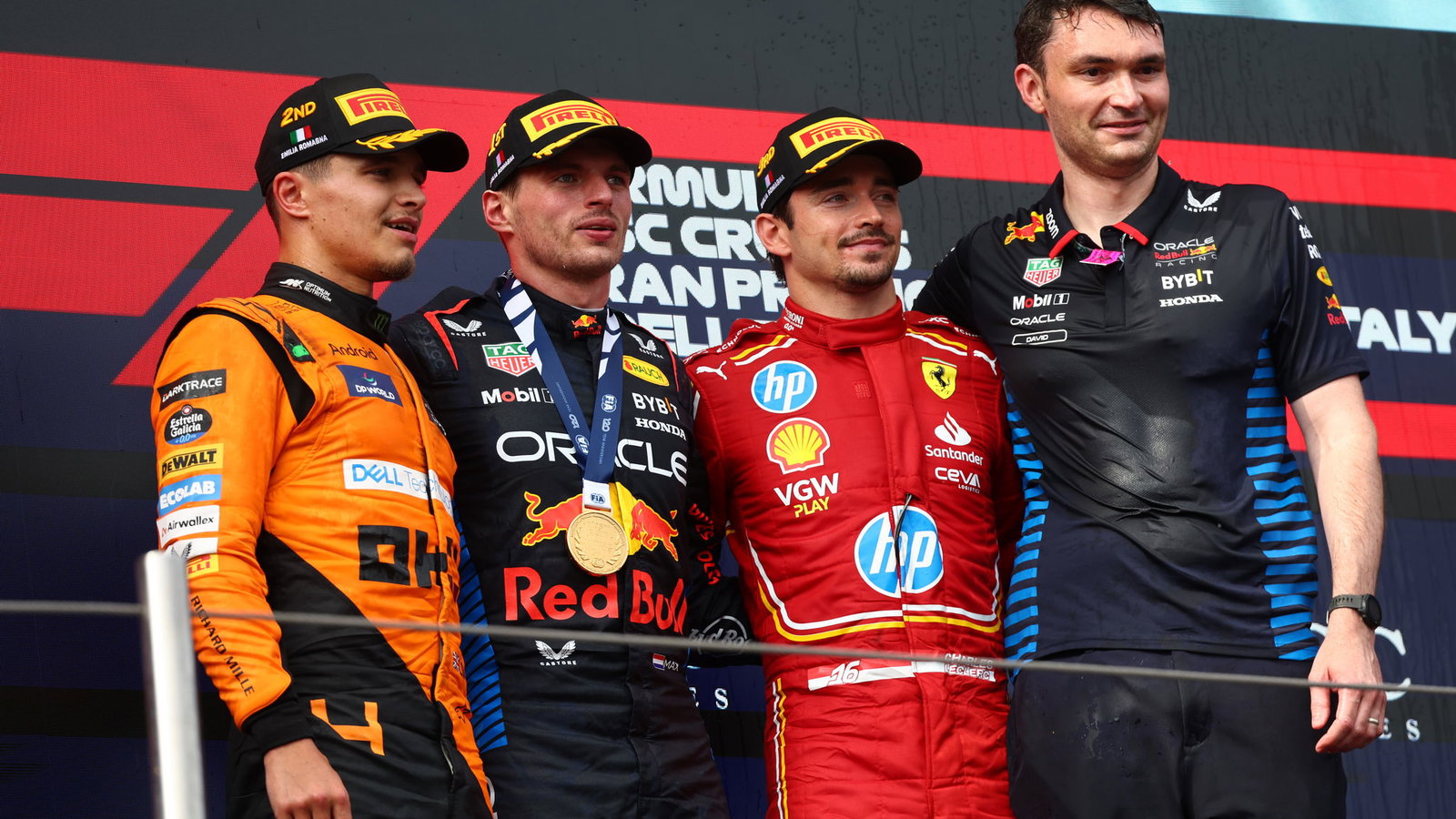Lando Norris, Max Verstappen and Charles Leclerc