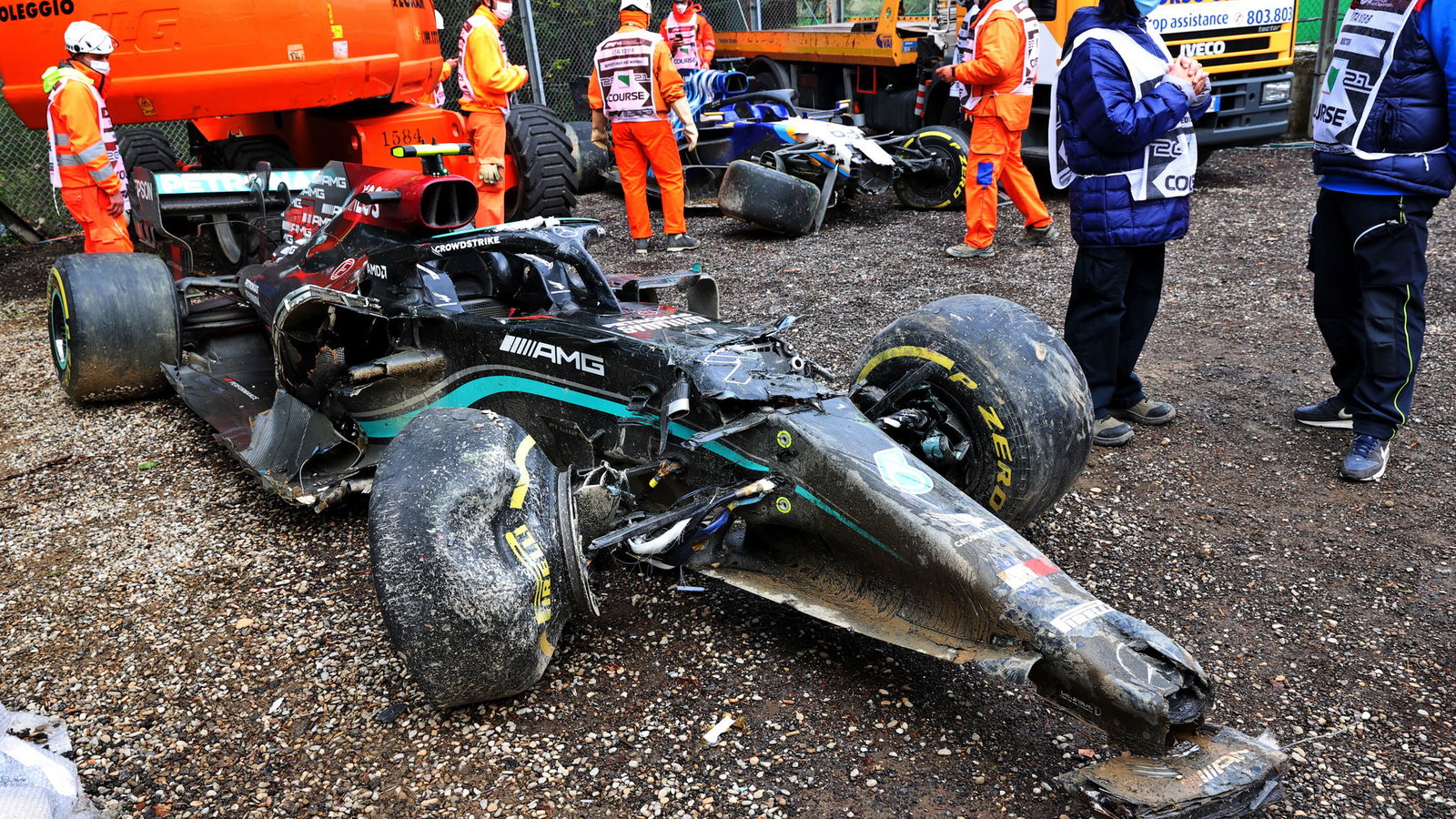 The aftermath of Bottas and Russell's Imola crash