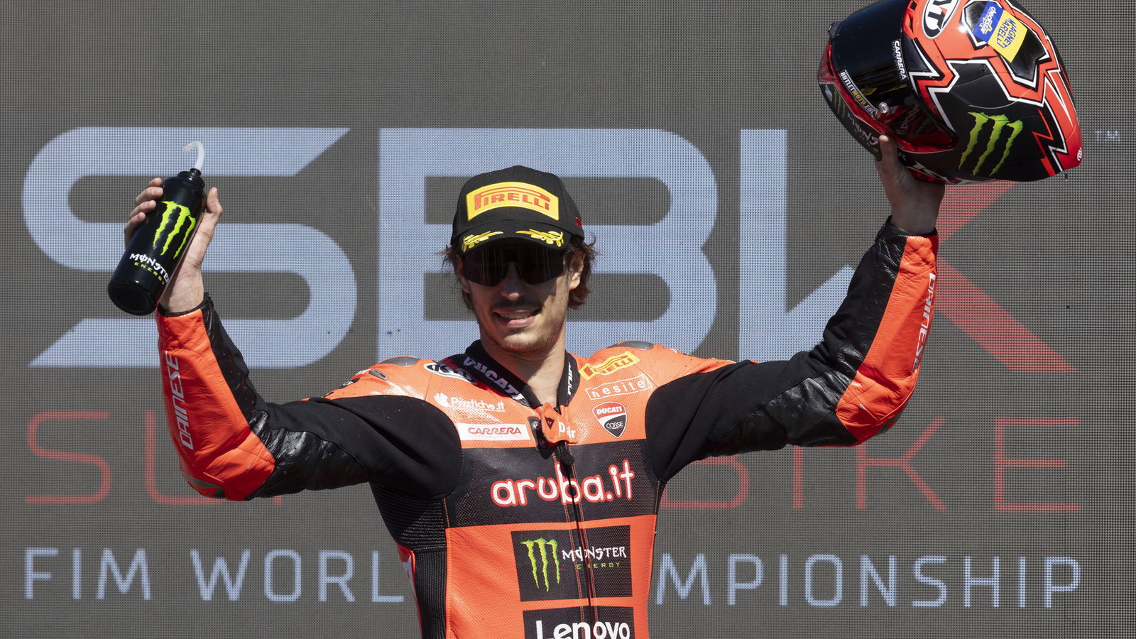 Nicolo Bulega, 2025 Portuguese WorldSBK, podium. Credit: Gold and Goose.