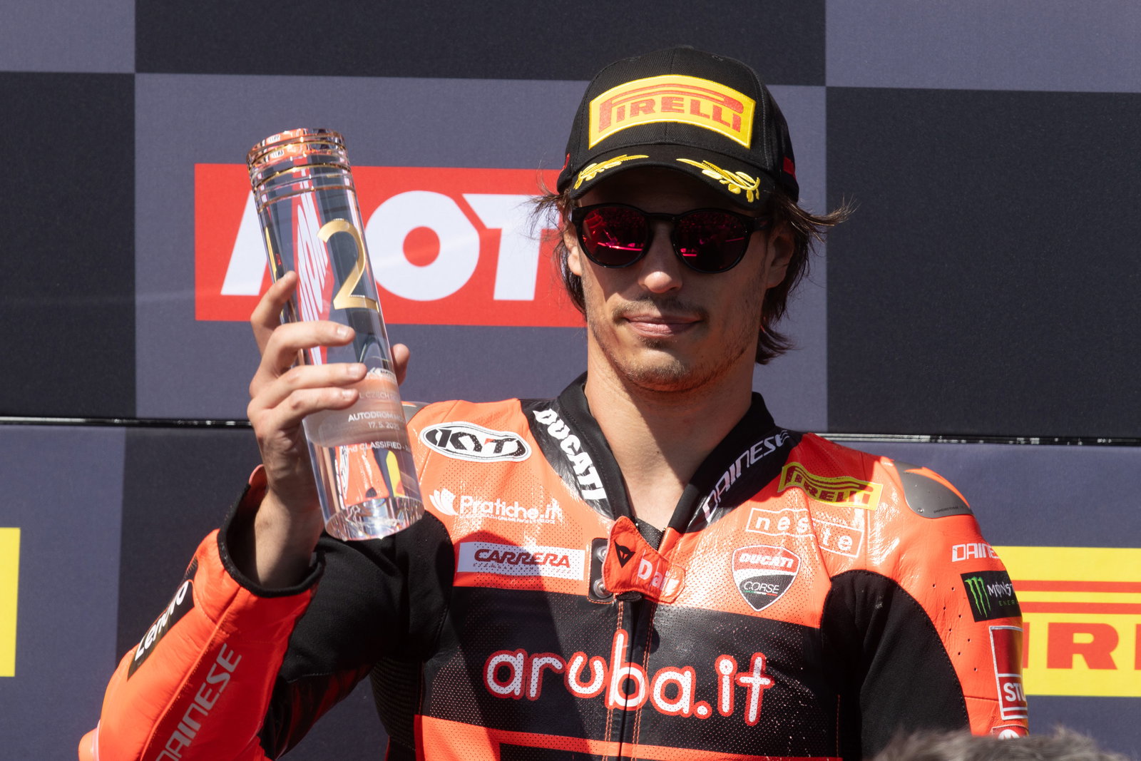 Nicolo Bulega, 2025 Czech WorldSBK, podium. Credit: Gold and Goose.