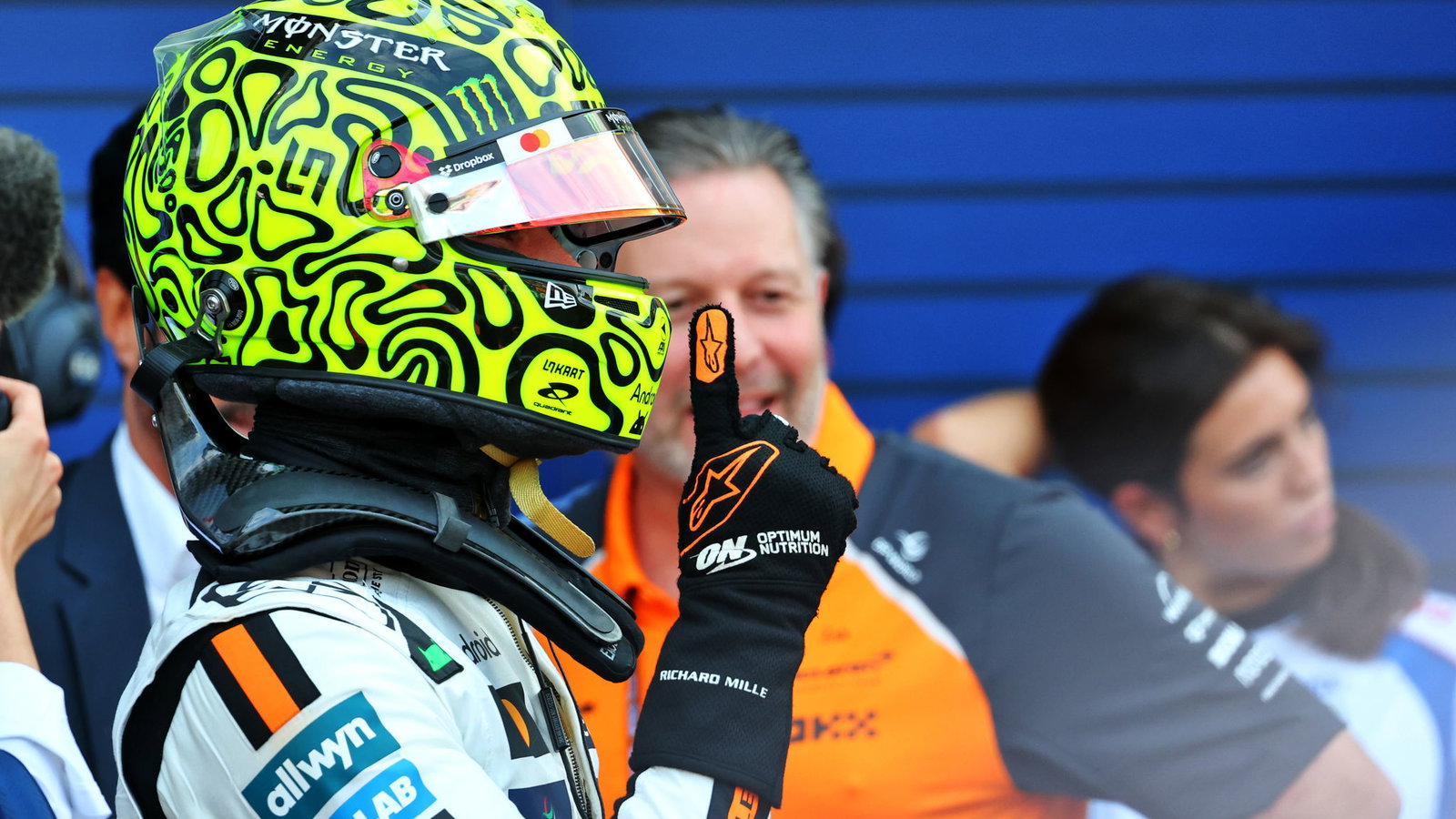 Lando Norris celebrates his first pole since Australia