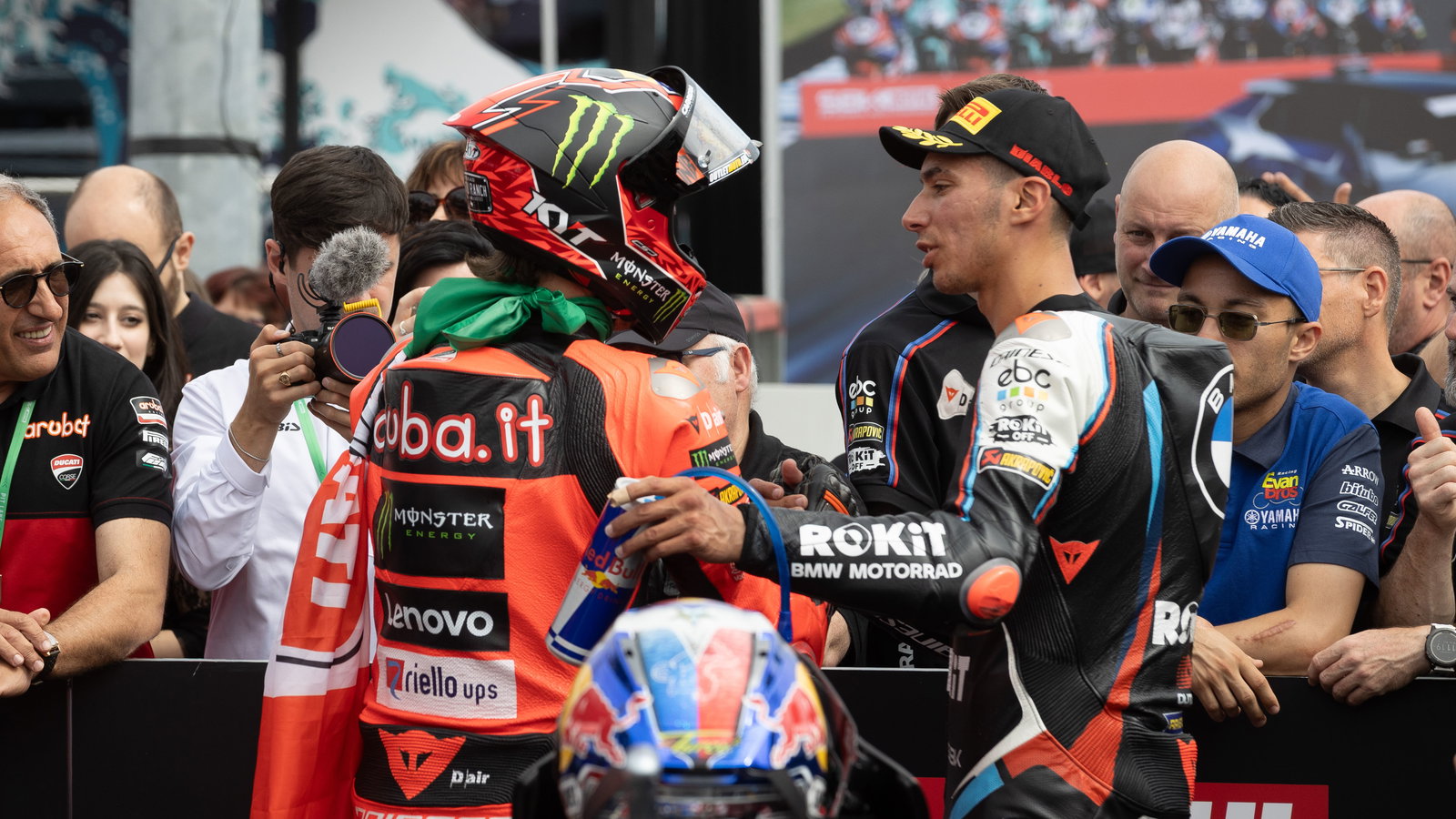 Nicolo Bulega, Toprak Razgatlioglu, 2025 Italian WorldSBK, parc ferme. Credit: Gold and Goose.