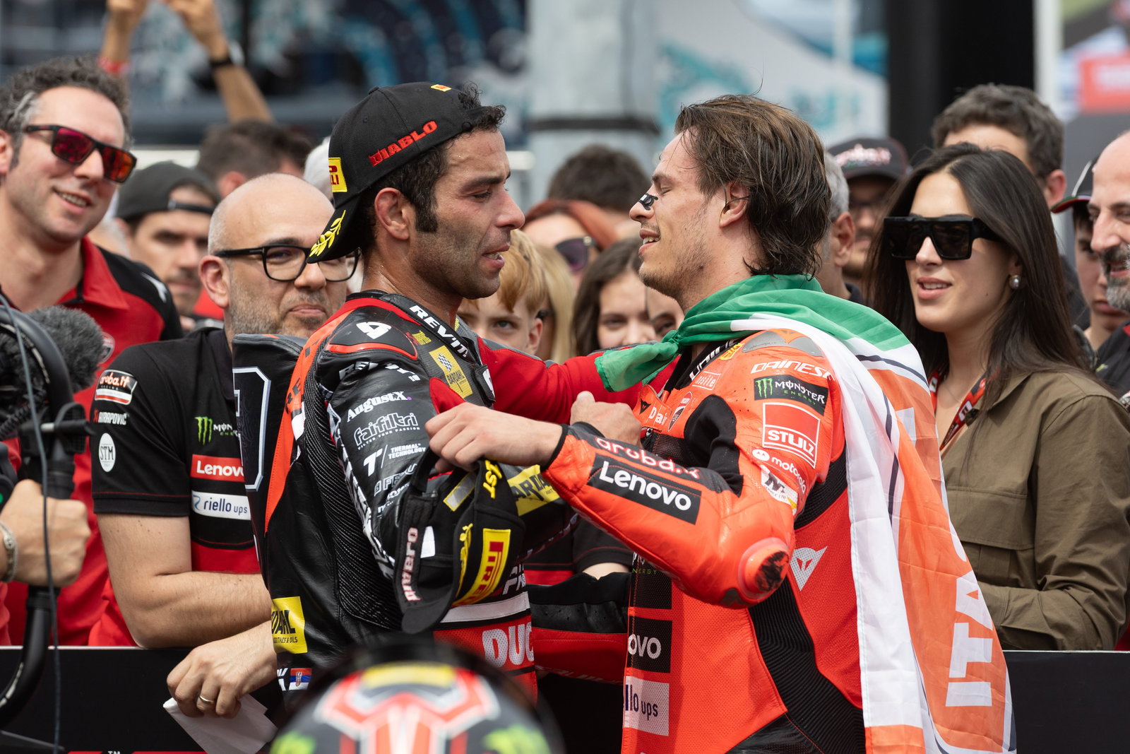 Danilo Petrucci, Nicolo Bulega, 2025 Italian WorldSBK, parc ferme. Credit: Gold and Goose.