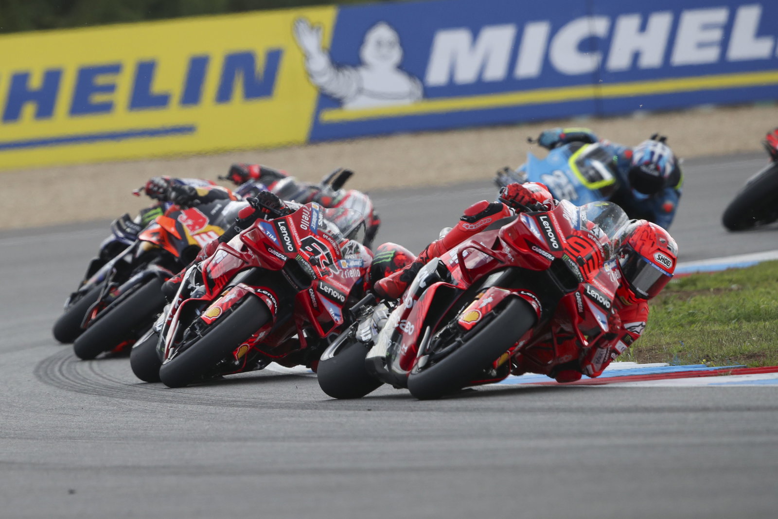 Marc Marquez leads Francesco Bagnaia, 2025 MotoGP Czech Grand Prix, Sprint. Credit: Gold and Goose.
