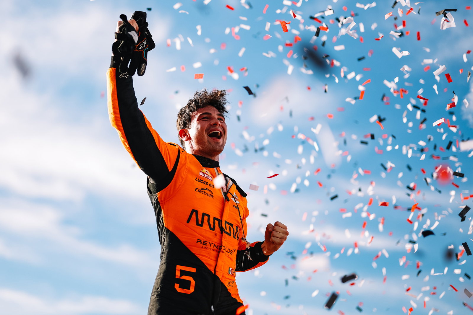 Pato O'Ward celebrating his win at Iowa.