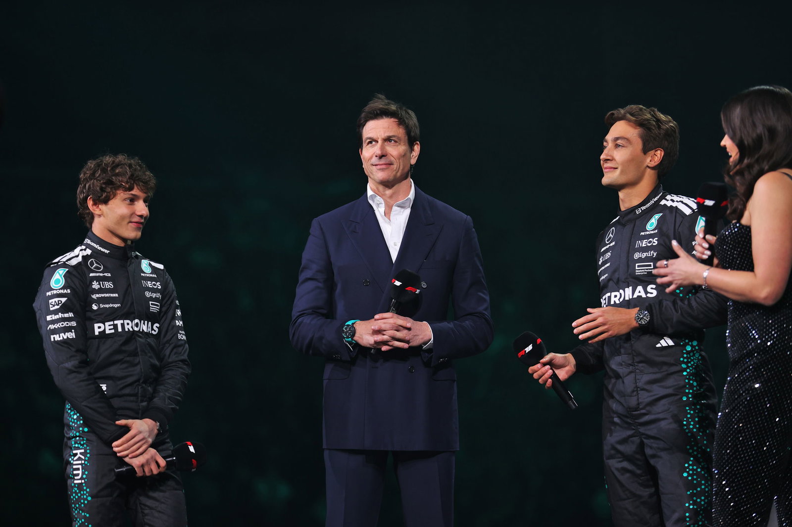 Kimi Antonelli, Toto Wolff and GEORGE RUSSELL