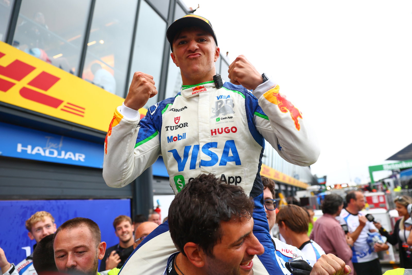 Isack Hadjar celebrates his podium finish at Zandvoort
