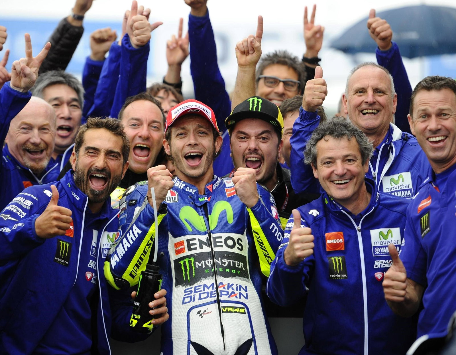 Rossi celebrates victory at the 2015 British MotoGP