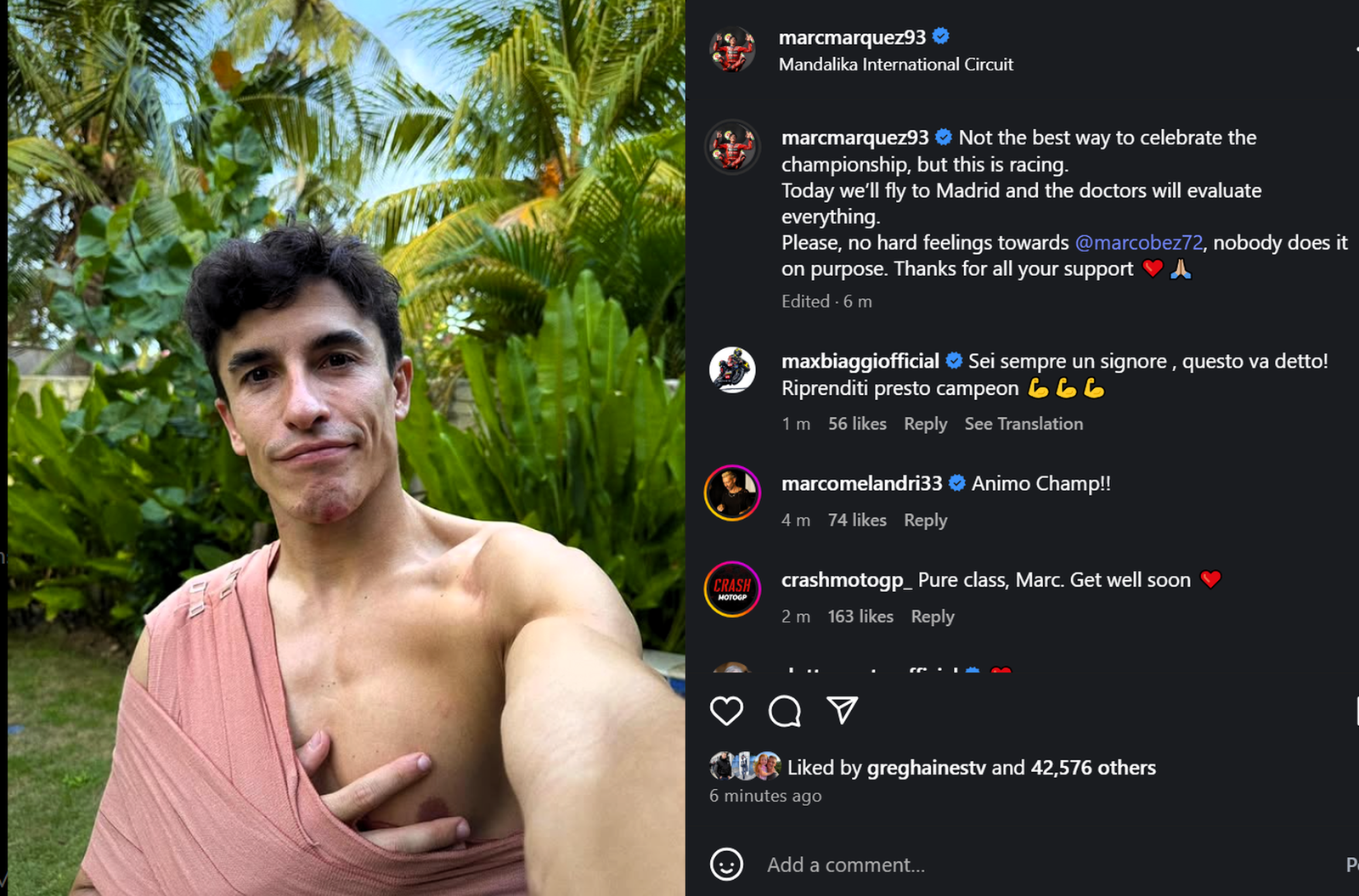 Marc Marquez's Instagram post after Indonesian MotoGP injury