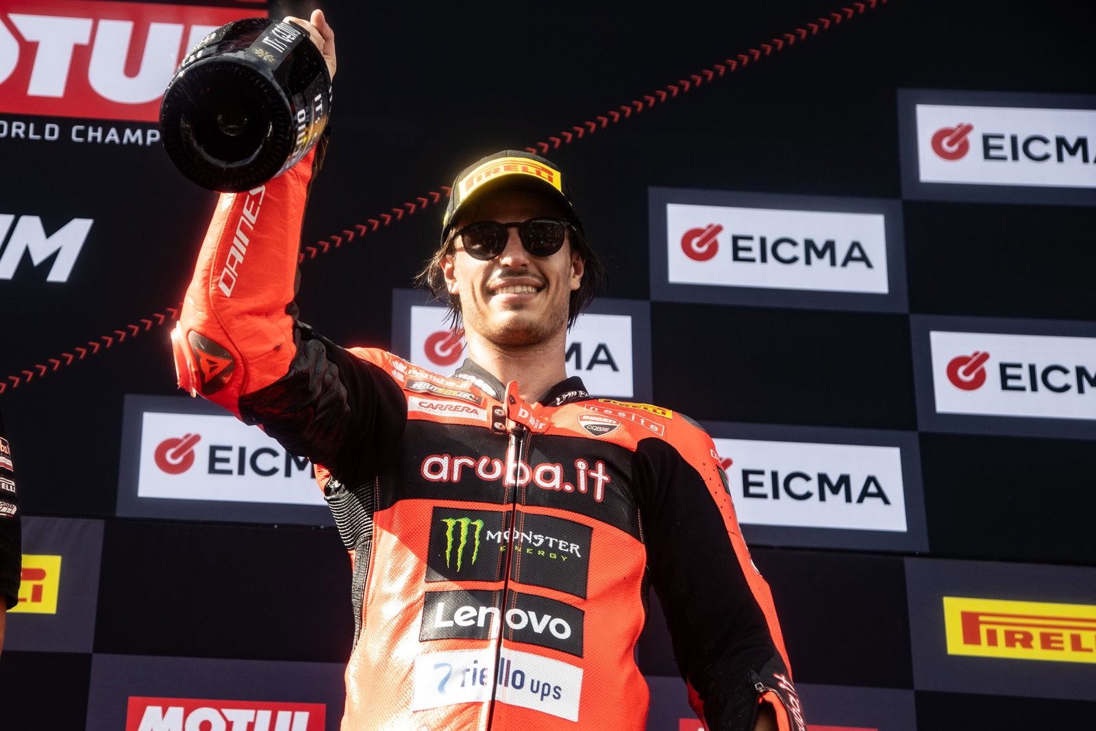 Nicolo Bulega, 2025 Estoril WorldSBK, podium. Credit: Gold and Goose.