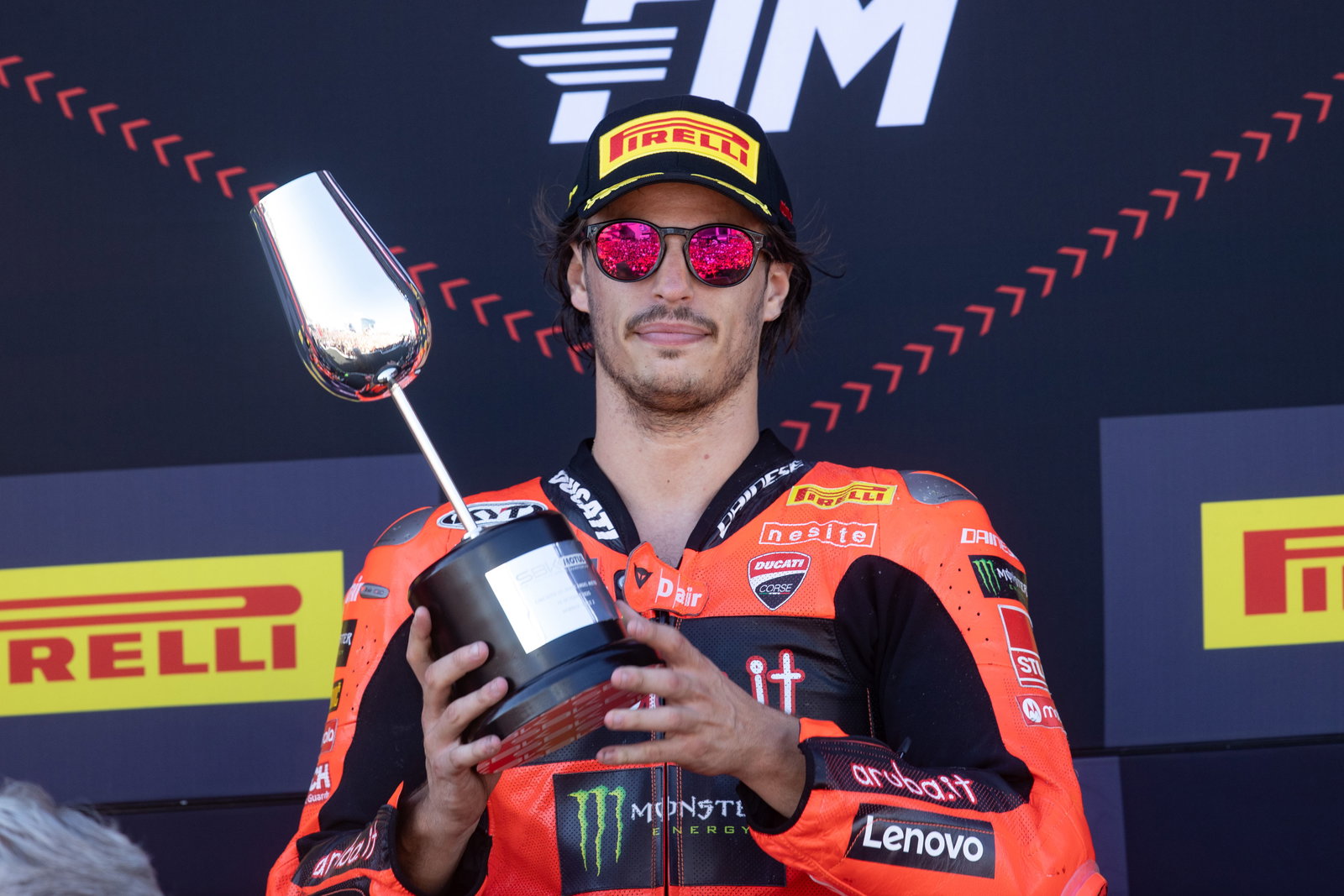 Nicolo Bulega, 2025 Spanish WorldSBK, podium. Credit: Gold and Goose.