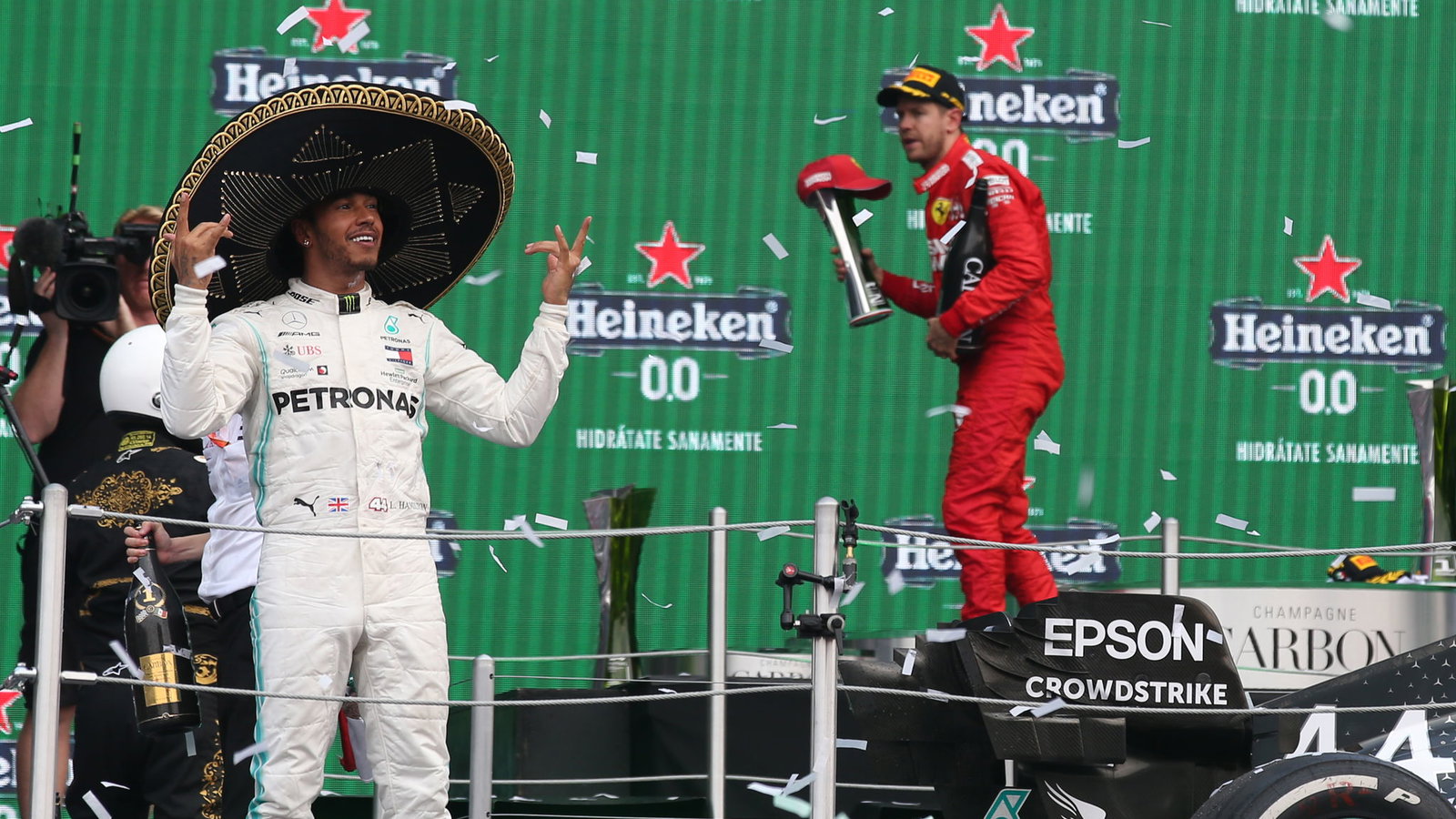Lewis Hamilton celebrates in Mexico in 2019 