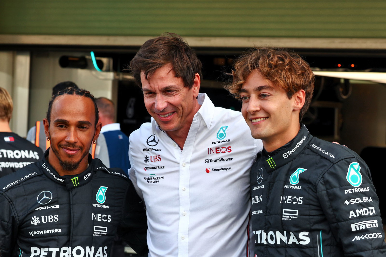 Lewis Hamilton, Toto Wolff and George Russell