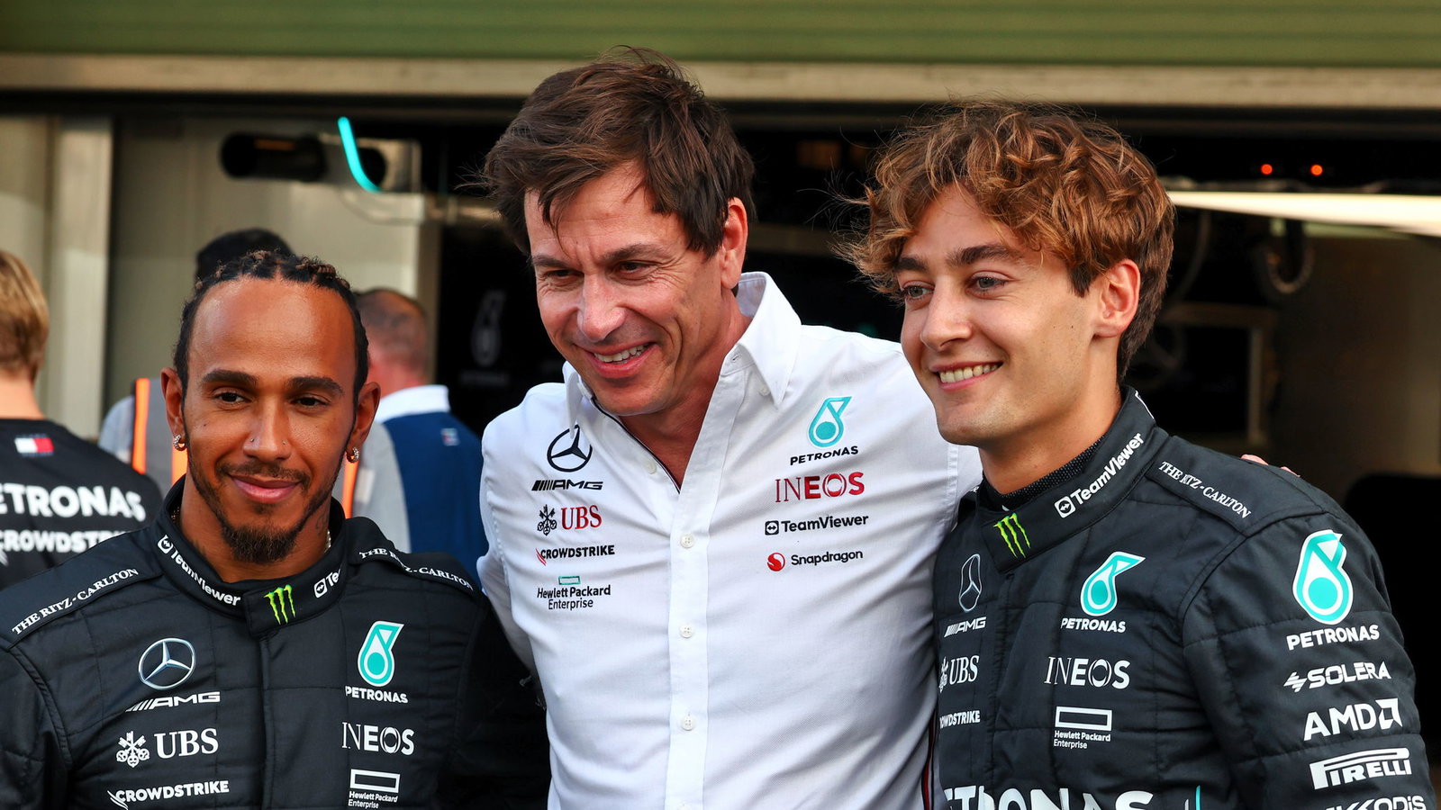 Lewis Hamilton, Toto Wolff and George Russell