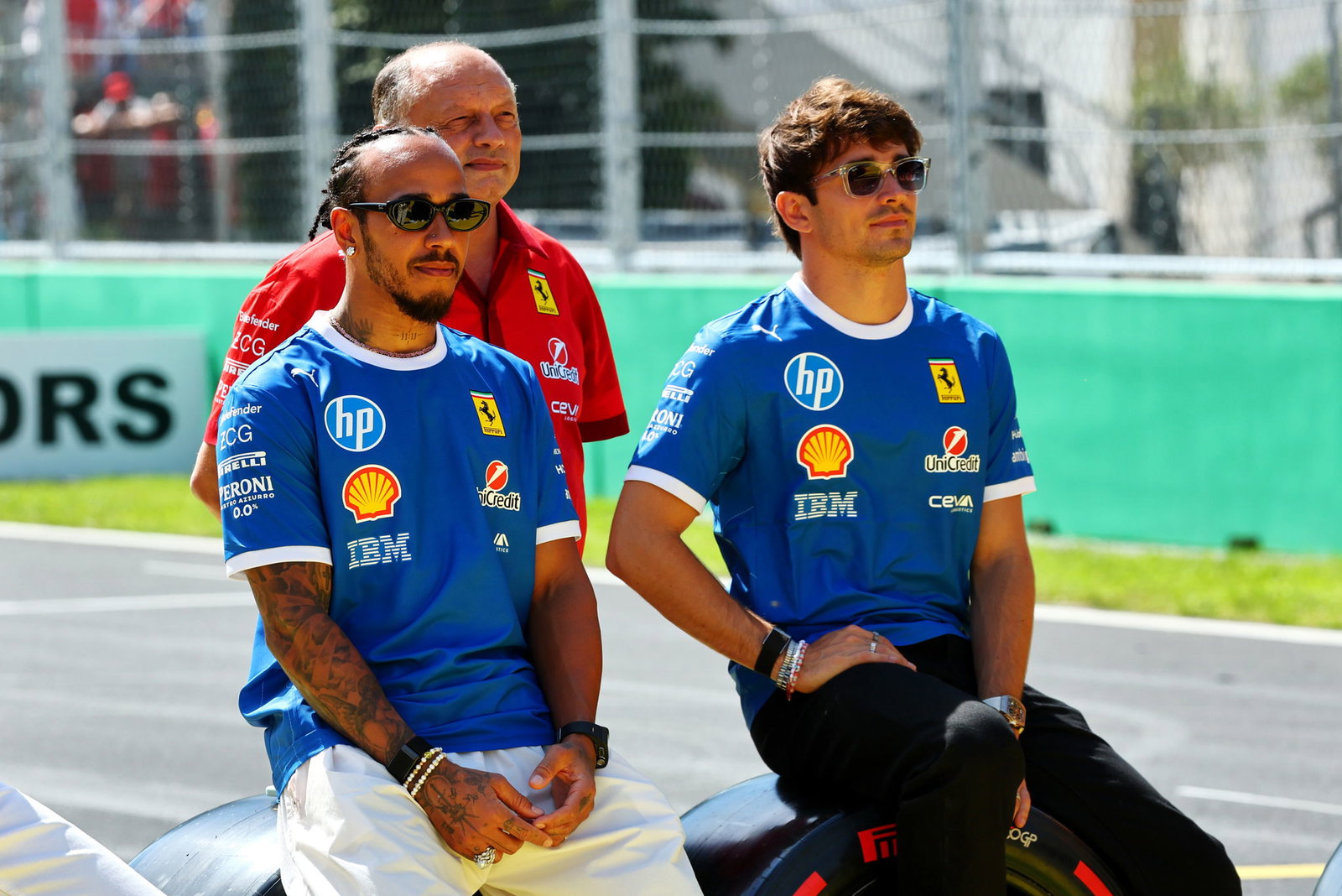 Frederic Vasseur, Lewis Hamilton and Charles Leclerc