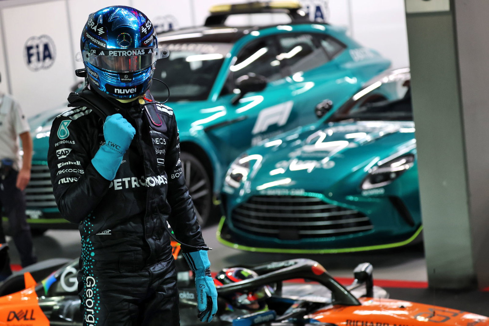 Russell celebrates pole position 