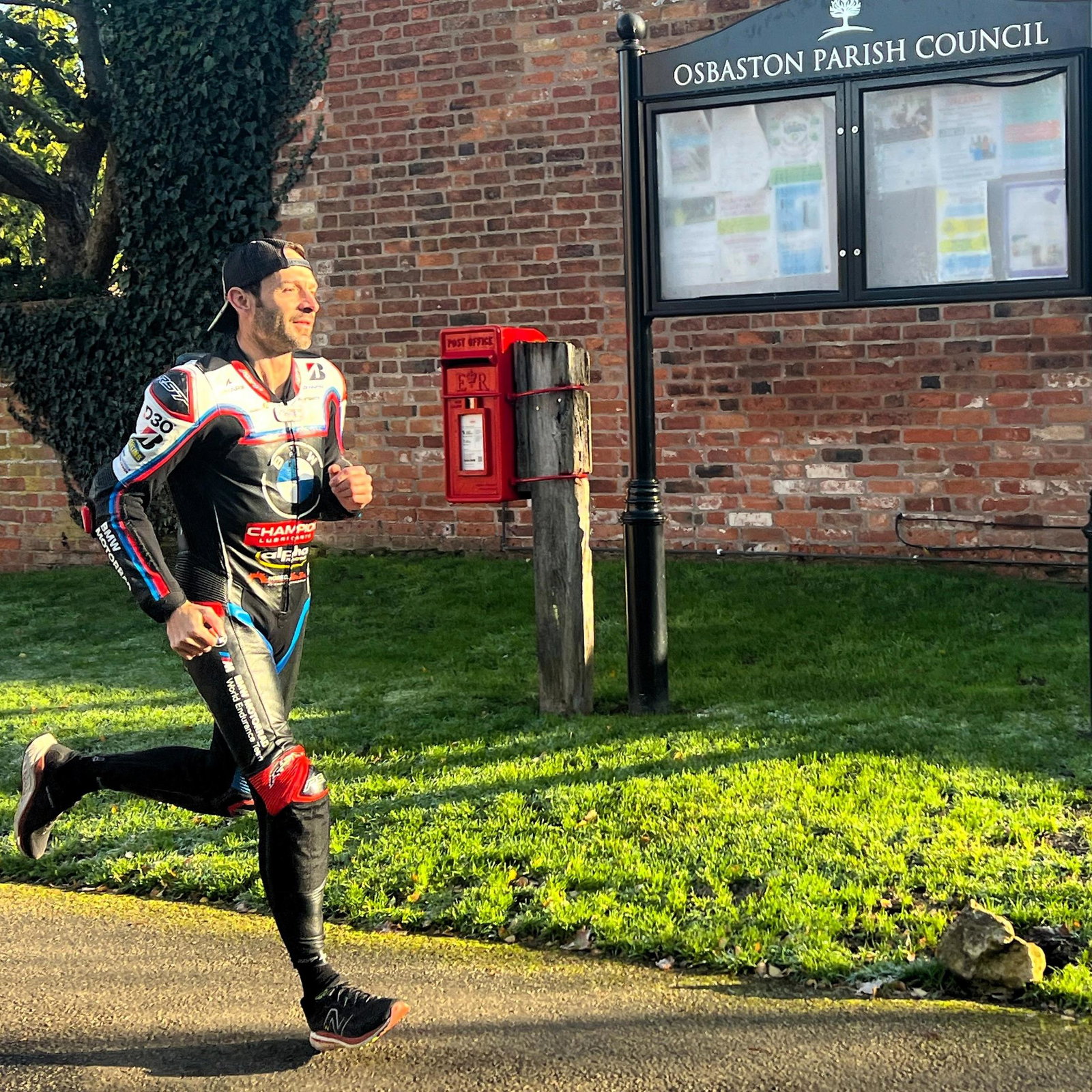 Sylvain Guintoli training to run the 2026 London Marathon, in his leathers!