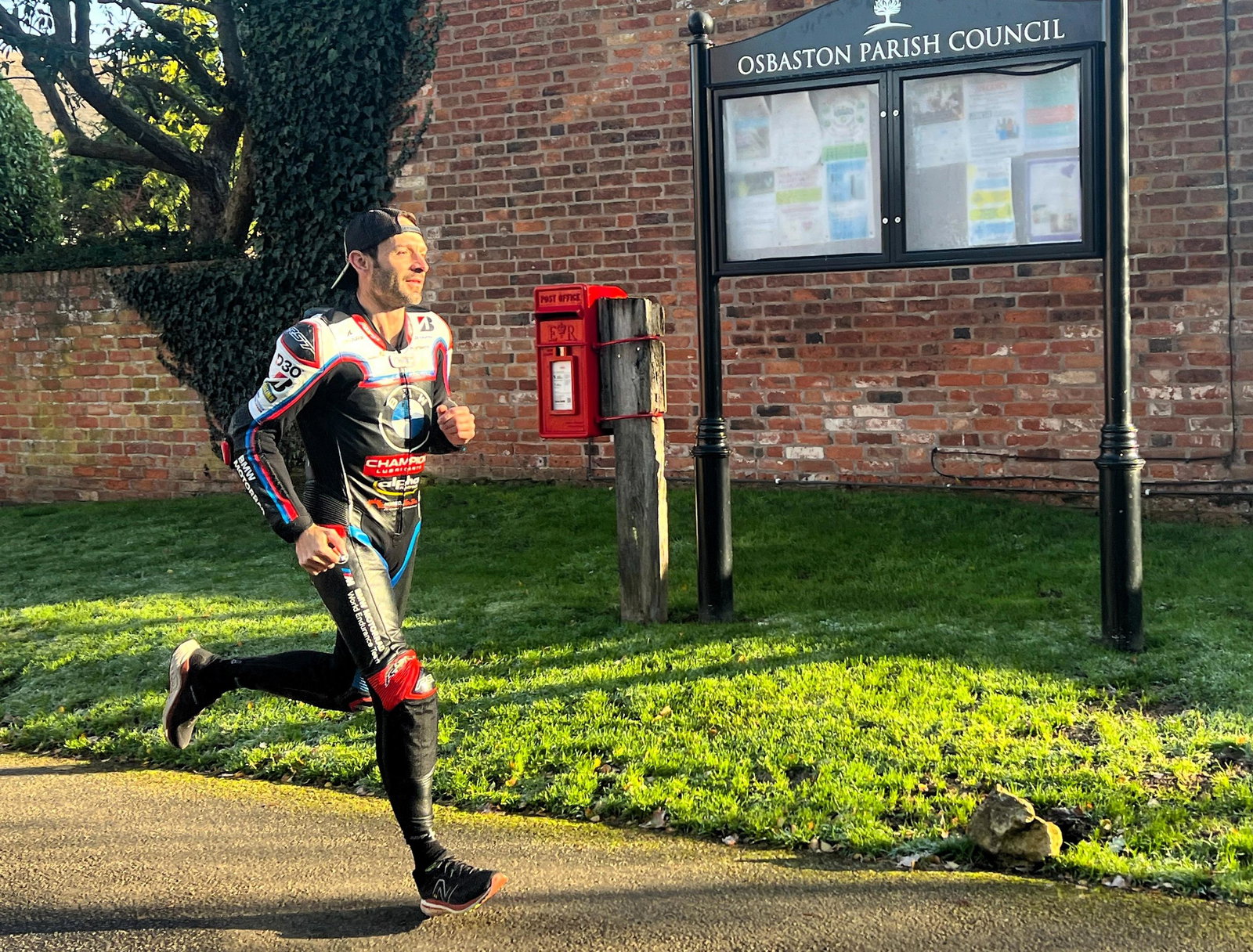 Sylvain Guintoli training to run the 2026 London Marathon, in his leathers!