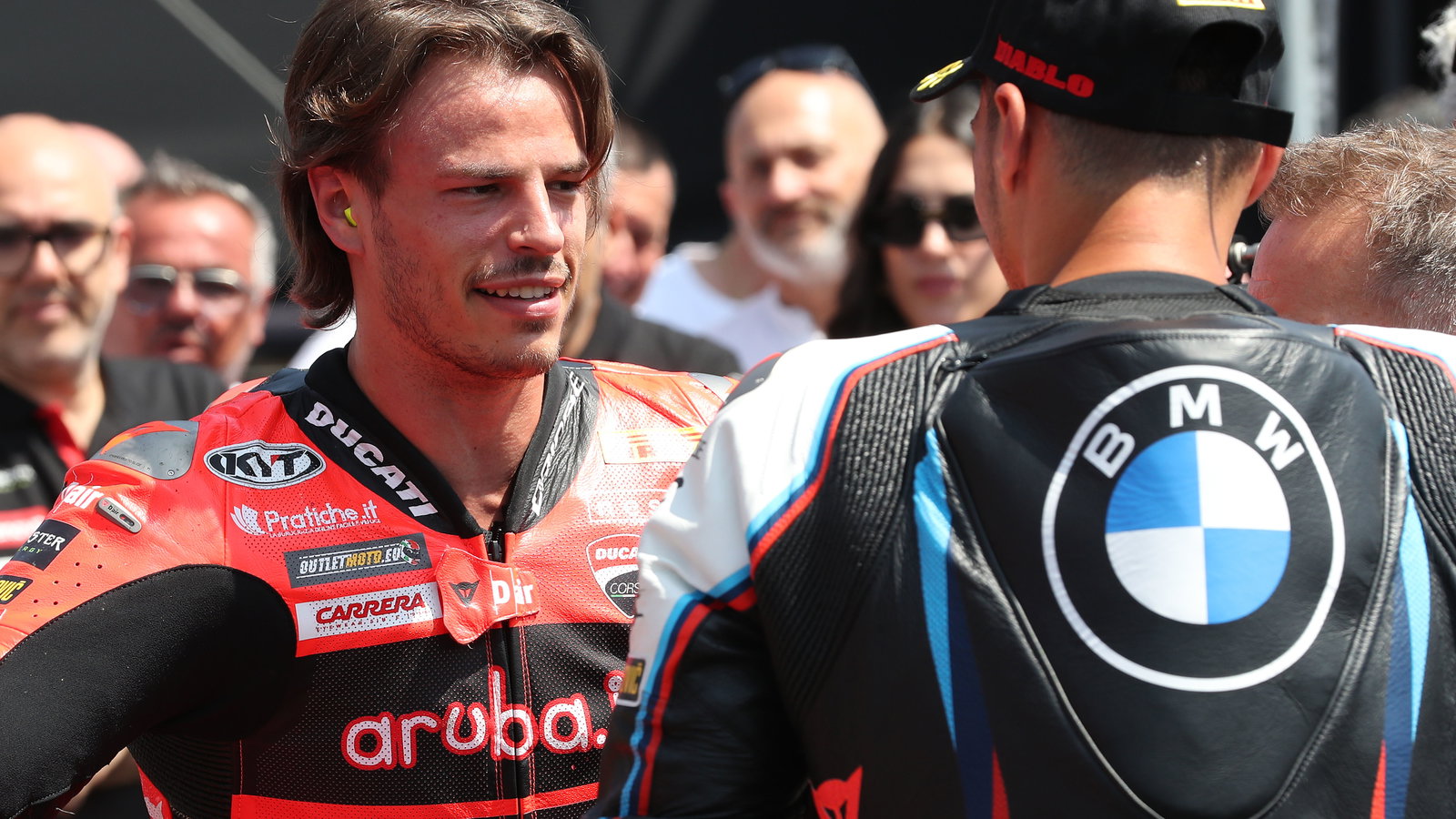 Toprak Razgatlioglu, Nicolo Bulega, 2025 Emilia-Romagna WorldSBK, parc ferme. Credit: Gold and Goose.