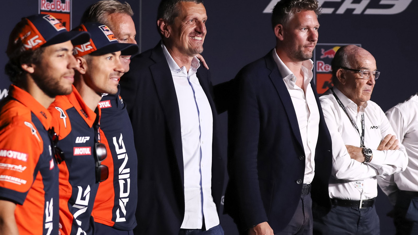 Guenther Steiner, Enea Bastianini, Maverick Vinales, Herve Poncharal, Richard Coleman, Carmelo Ezpeleta, Catalunya MotoGP, 5 September 2025