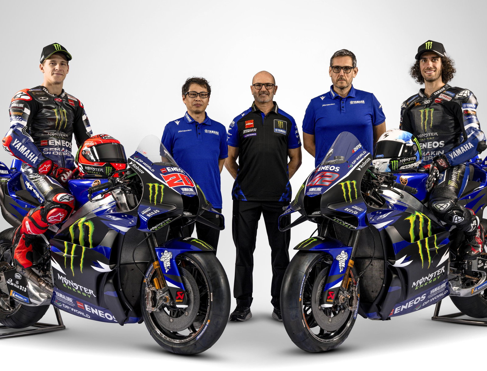 Quartararo, Sumi, Meregalli, Pavesio, Rins, 2026 Monster Yamaha launch.