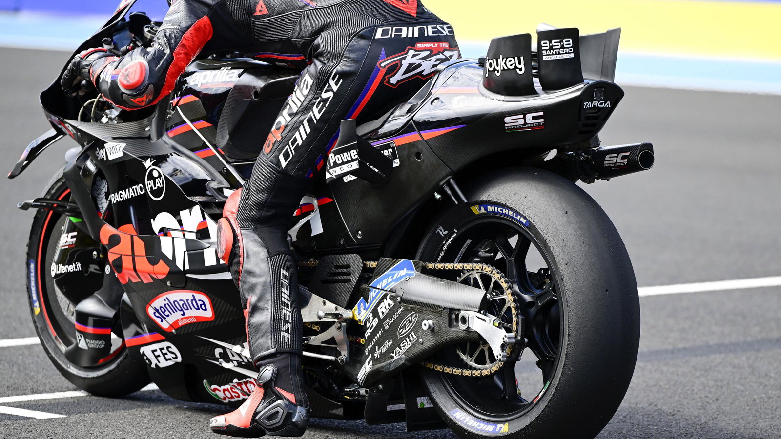Michelin rear tyre on Marco Bezzecchi's Aprilia.