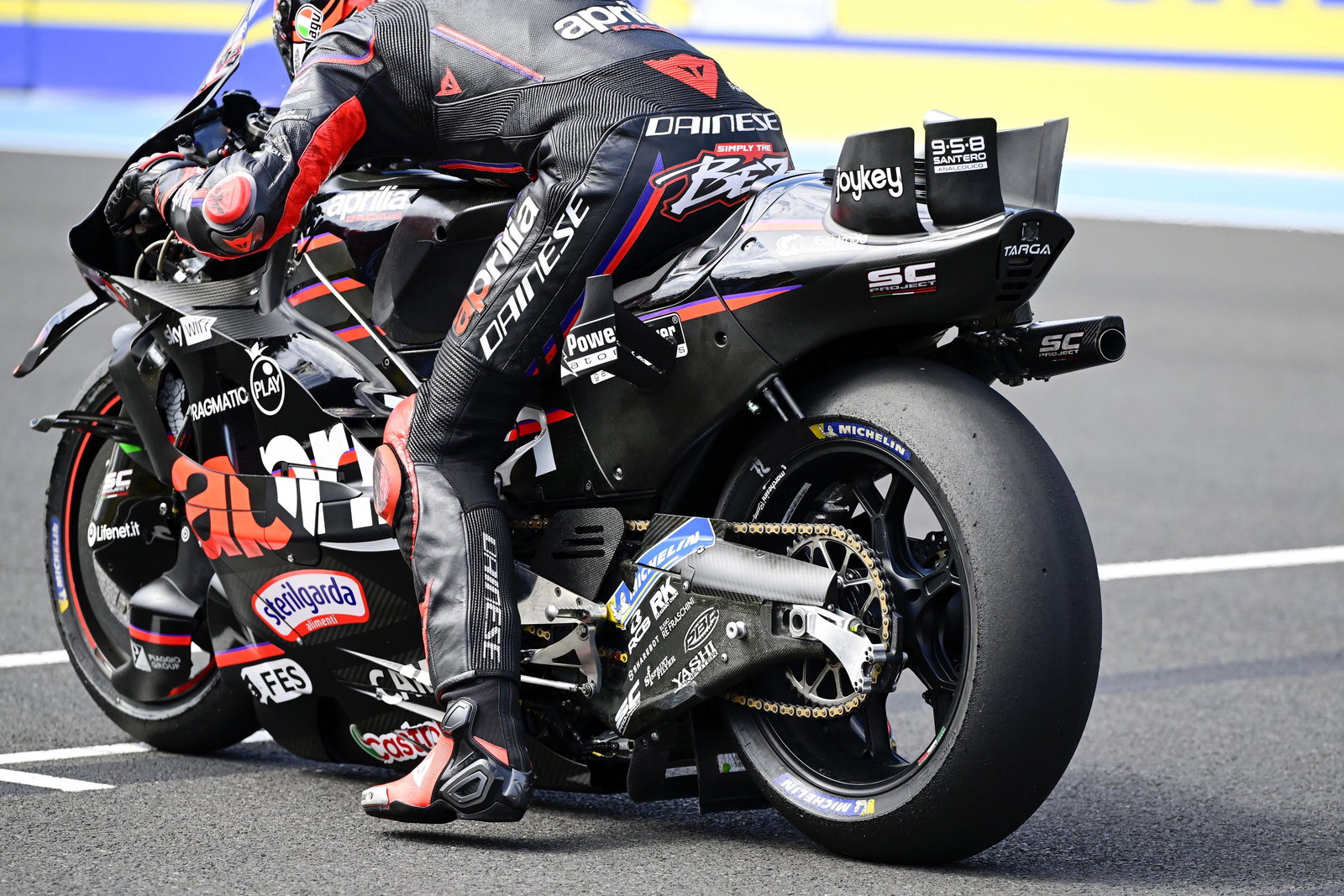 Michelin rear tyre on Marco Bezzecchi's Aprilia.