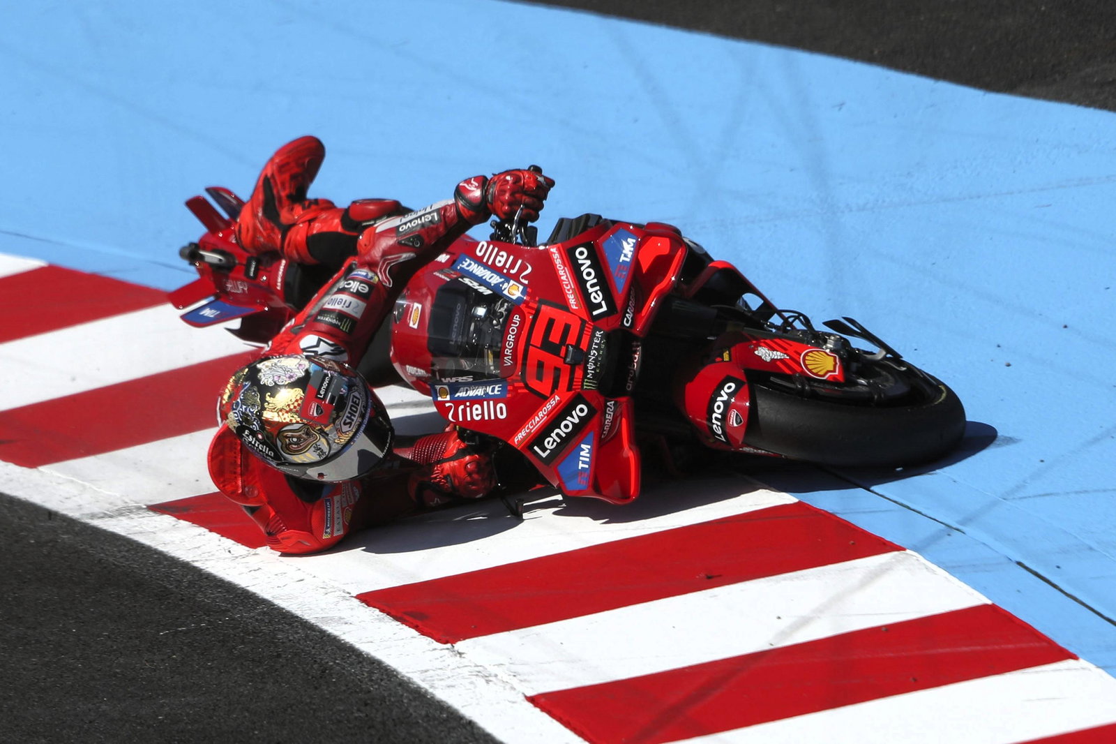 Marc Marquez falls during the Japanese MotoGP weekend, where he went on to wrap up the 2025 title.