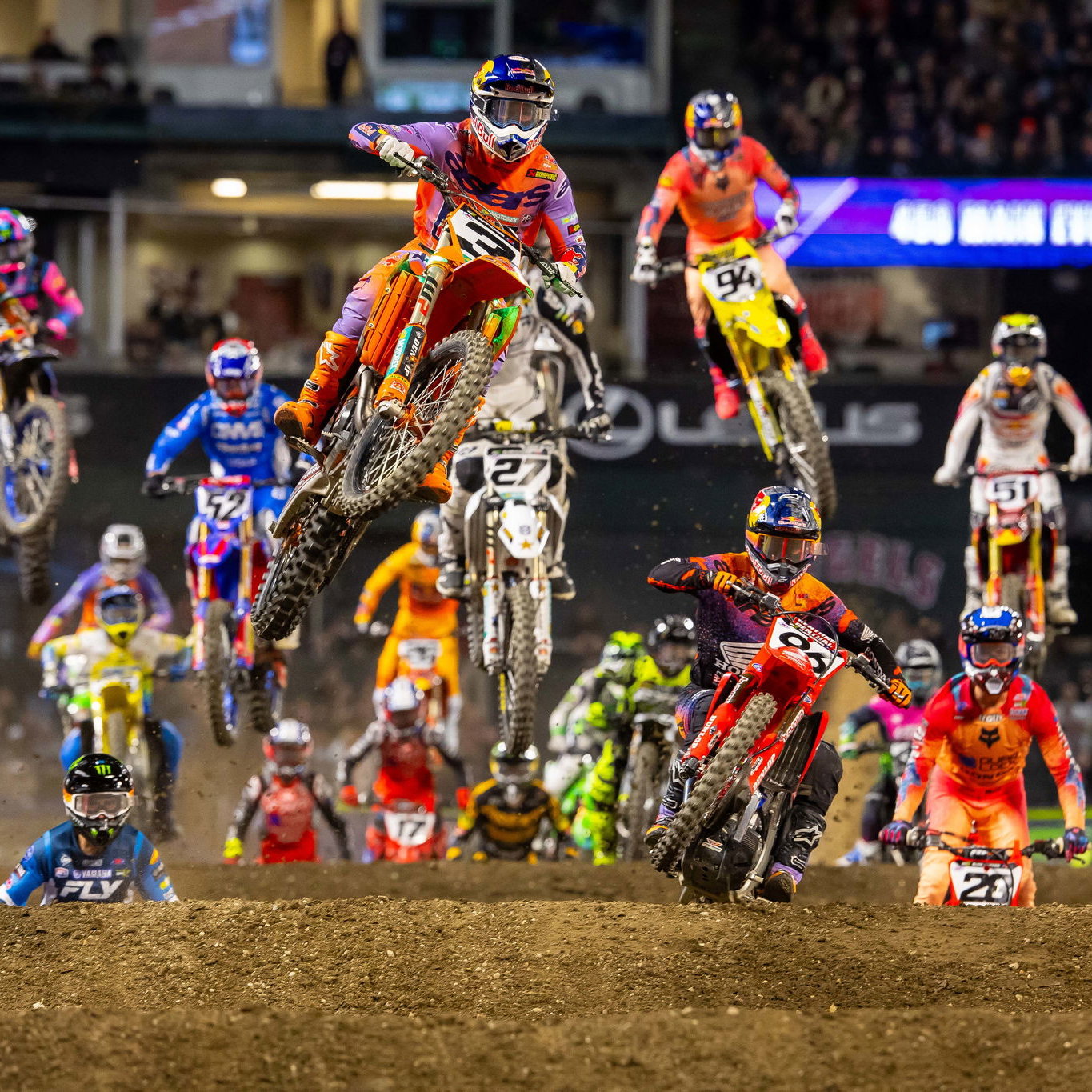 Eli Tomac leads the 450SX field at 2025 Anaheim 1 Supercross. Credit: KTM.