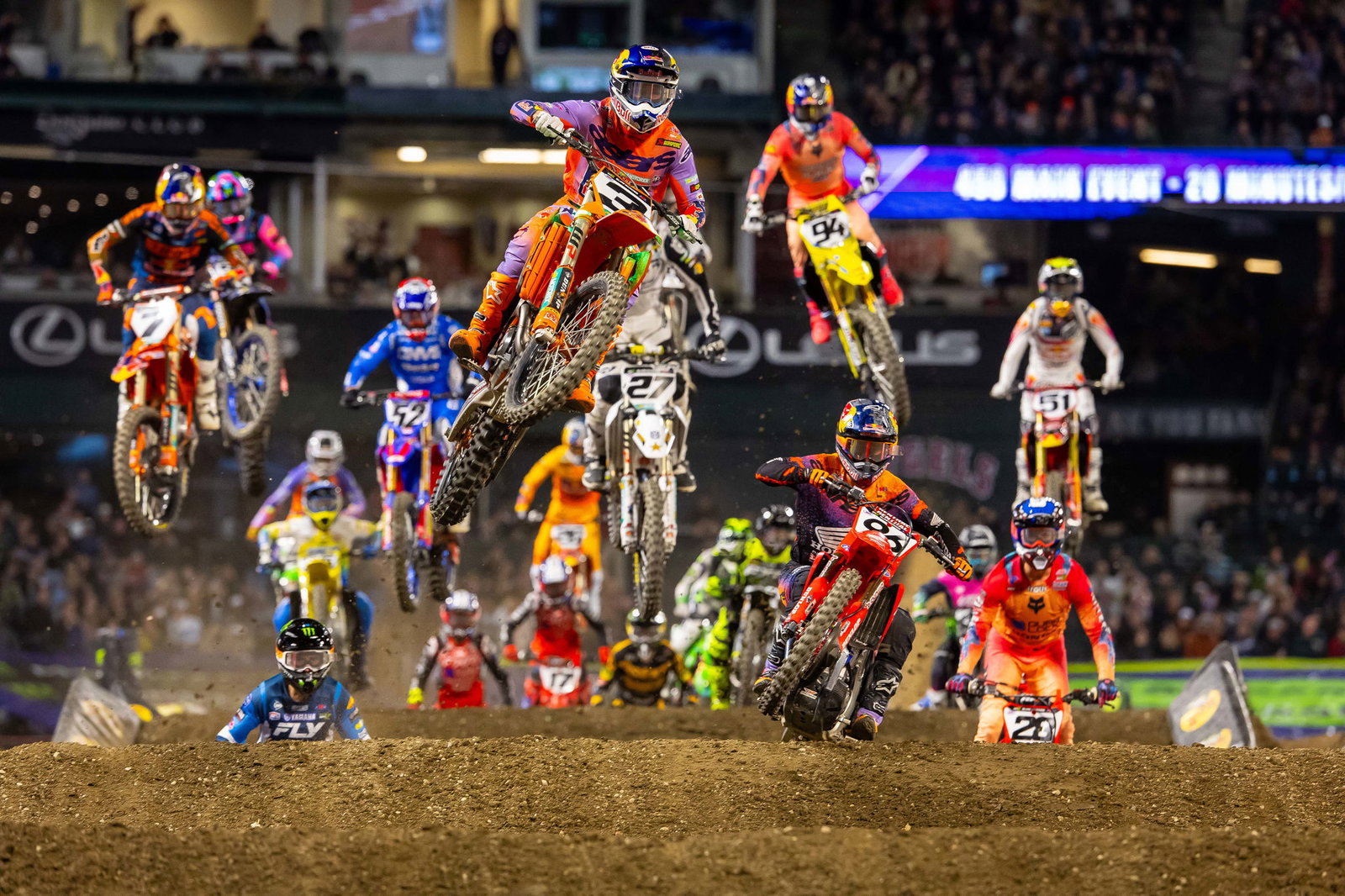 Eli Tomac leads the 450SX field at 2025 Anaheim 1 Supercross. Credit: KTM.