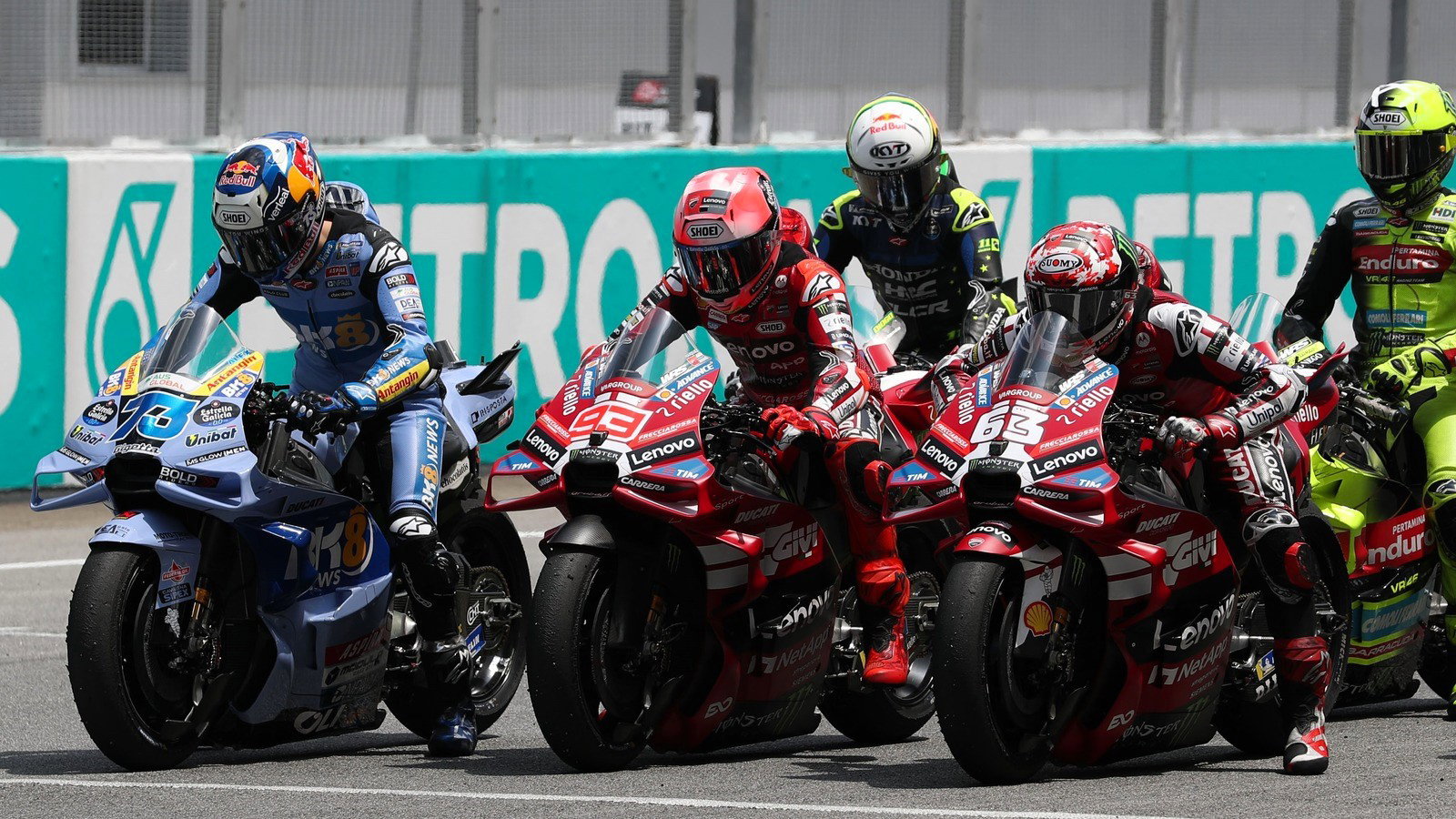 Alex Marquez, Marc Marquez, Francesco Bagnaia, practice starts, 2026 Sepang MotoGP Test (Gold&Goose).