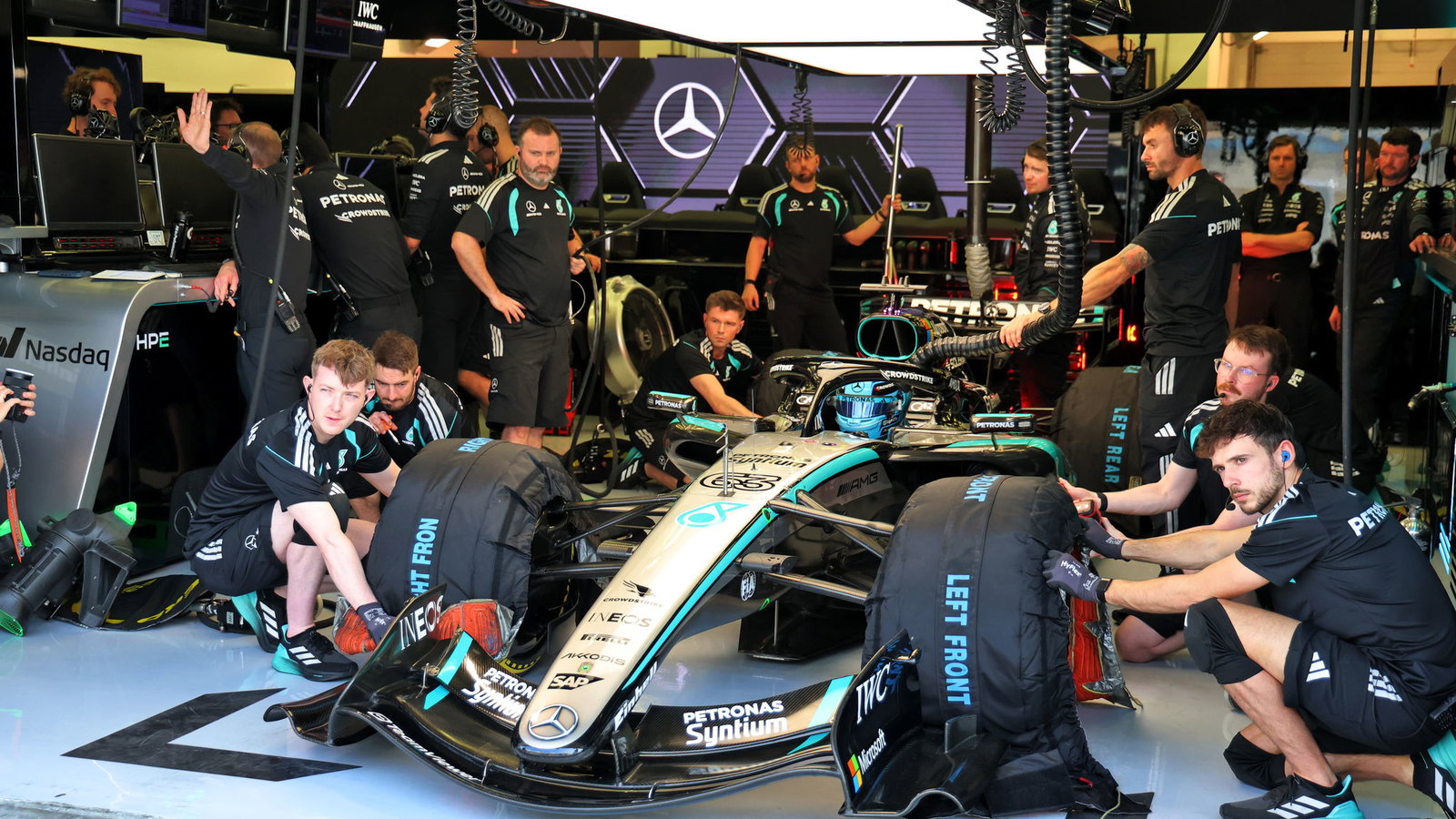 The Mercedes garage during pre-season testing in Bahrain