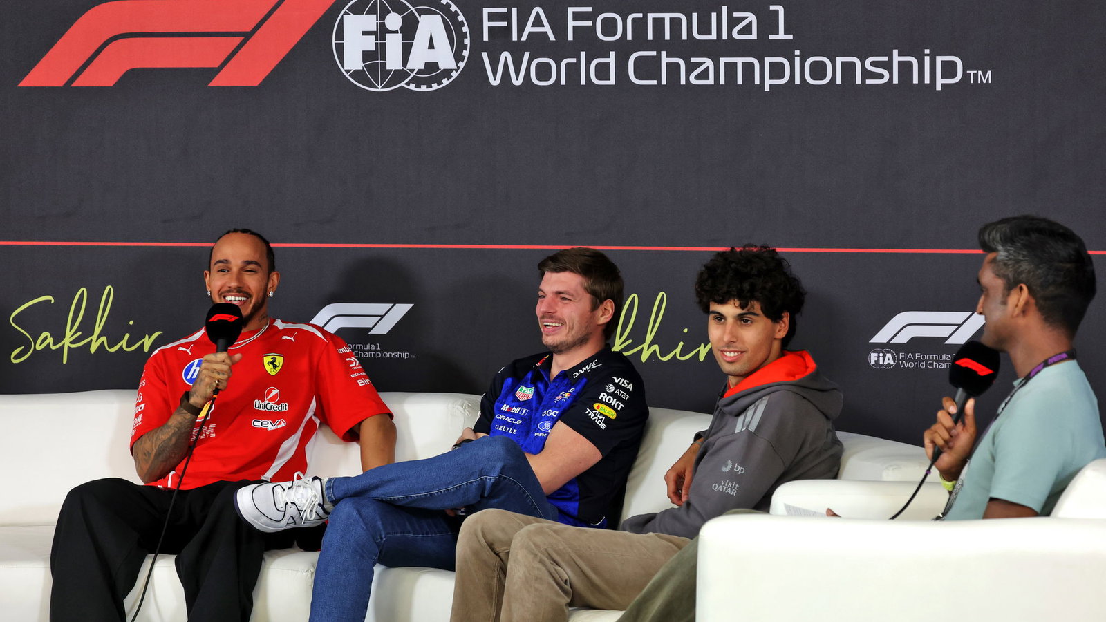 Lewis Hamilton, Max Verstappen and Gabriel Bortoleto during an F1 press conference