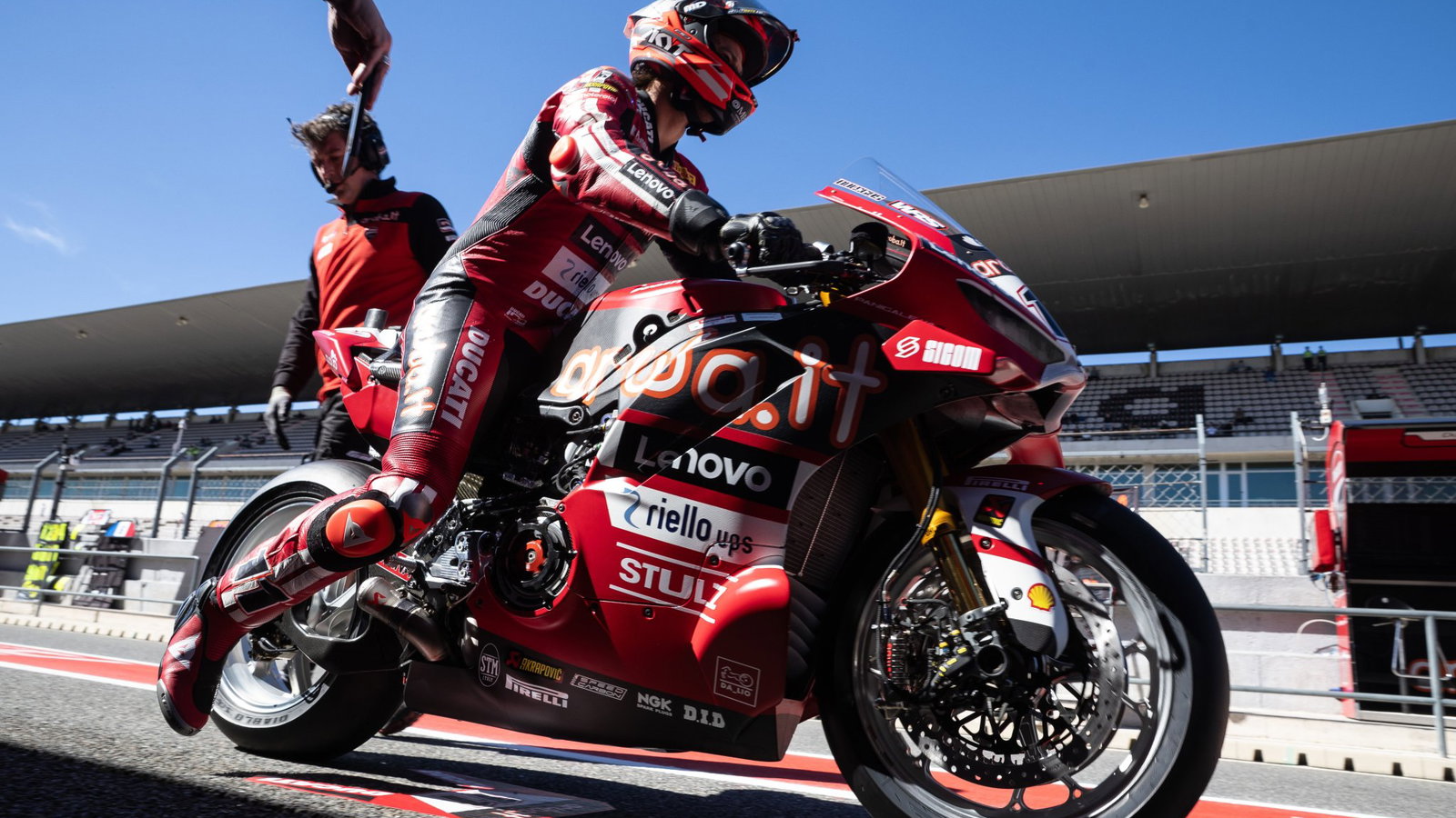 Nicolo Bulega, 2026 Portuguese WorldSBK, leaving pit box. Credit: Gold and Goose.