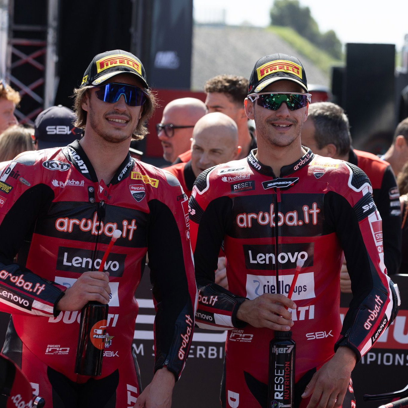 Nicolo Bulega, Iker Lecuona, 2026 Portuguese WorldSBK, parc ferme. Credit: Gold and Goose.