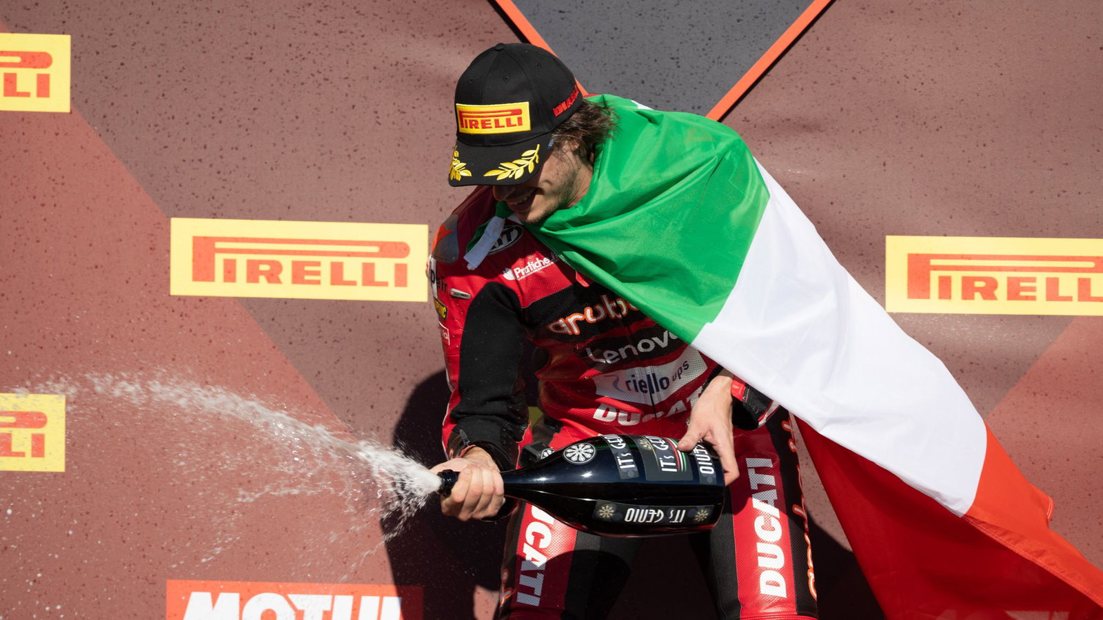 Nicolo Bulega, 2026 Portuguese WorldSBK, podium. Credit: Gold and Goose.