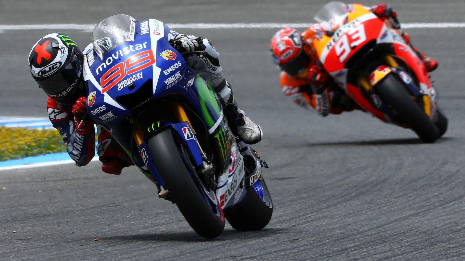 Jorge Lorenzo leads Marc Marquez, 2015 Spanish MotoGP.