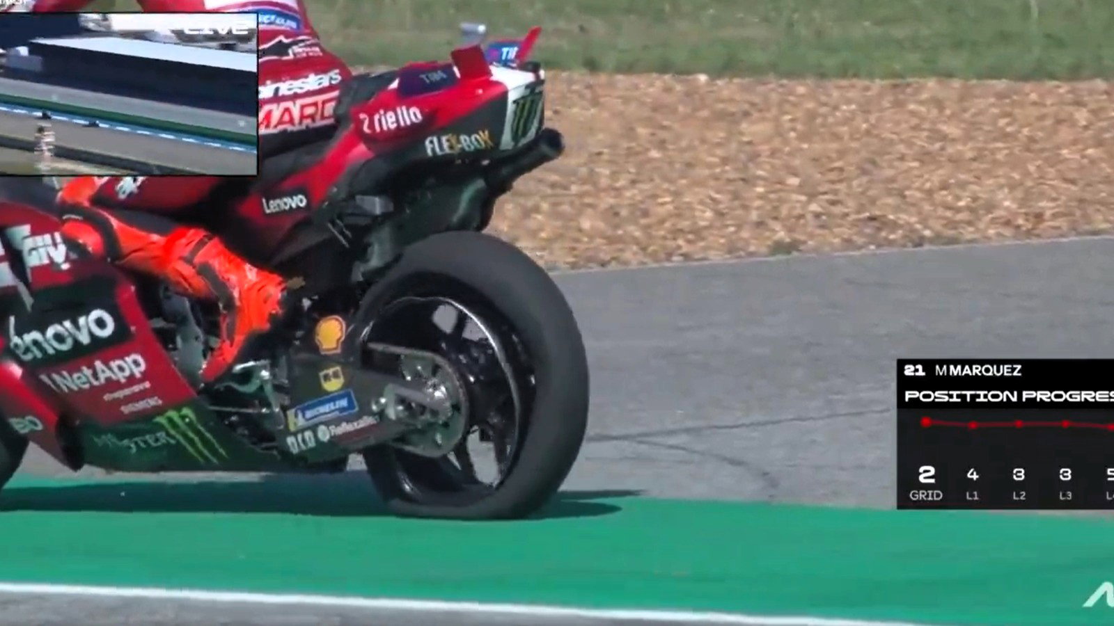Marc Marquez's flat rear tyre (Picture: @MotoGP on X)