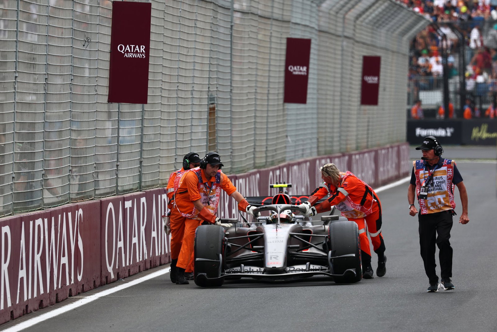 Gabriel Bortoleto is pushed back into the pit lane 