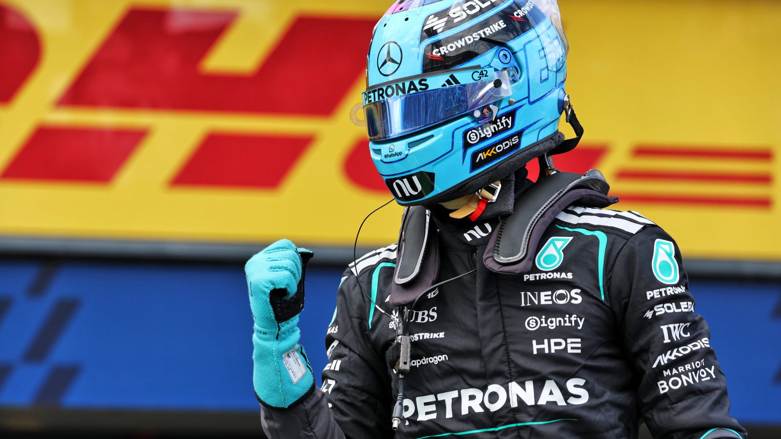 George Russell celebrates the eighth pole of his F1 career