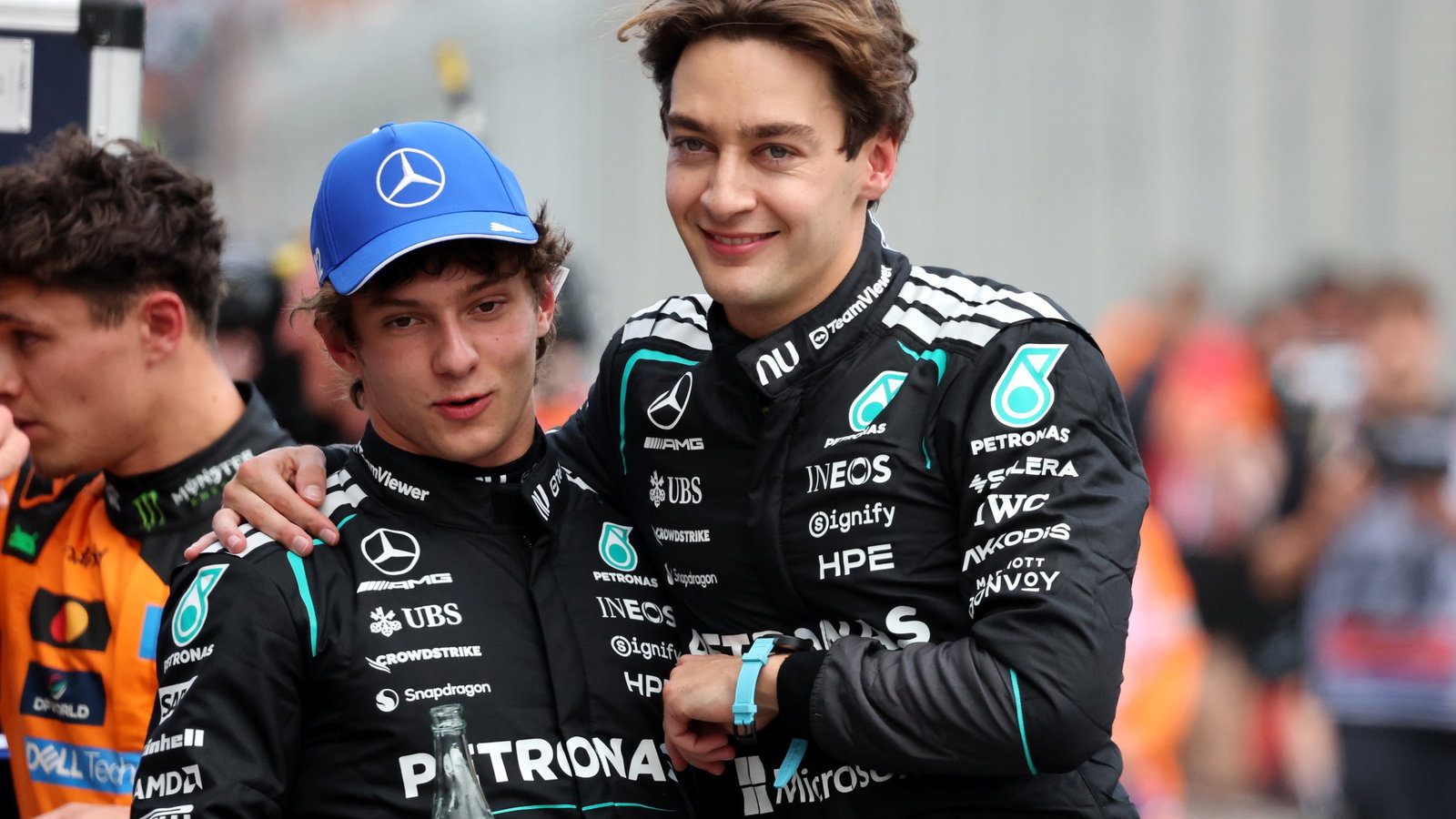 George Russell and Kimi Antonelli celebrate Mercedes 1-2