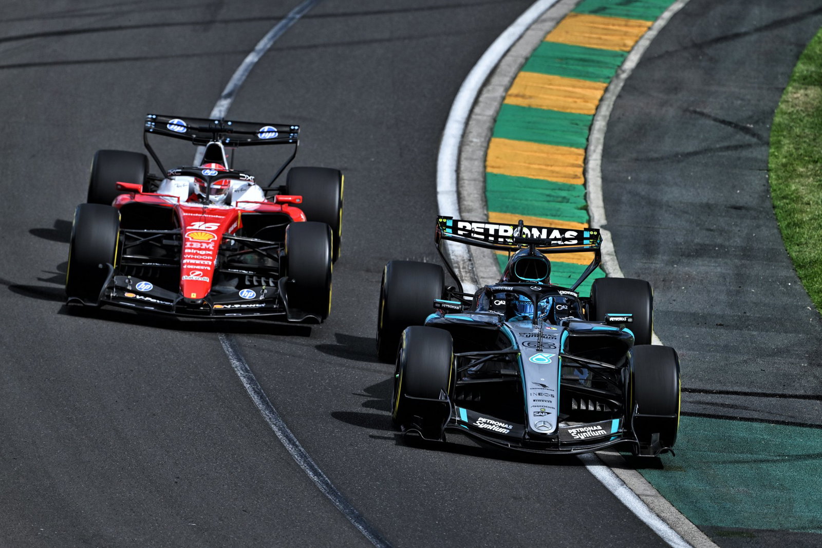 Russell and Leclerc do battle for the lead 