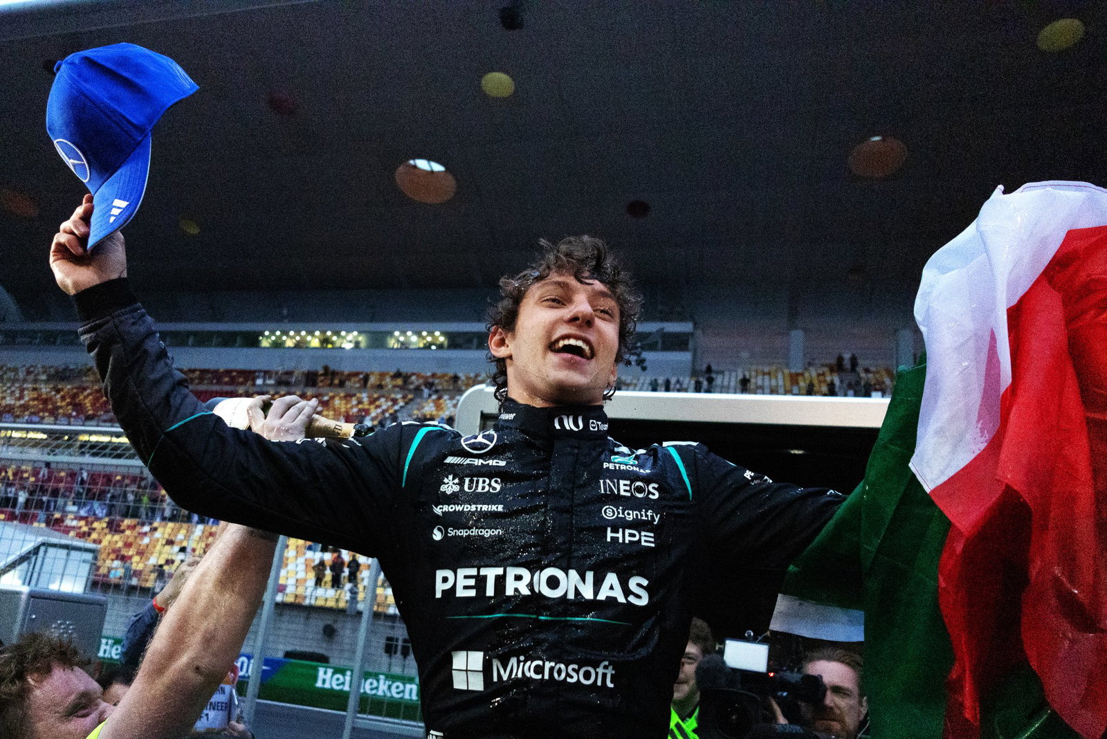Antonelli celebrates his maiden F1 victory in China.