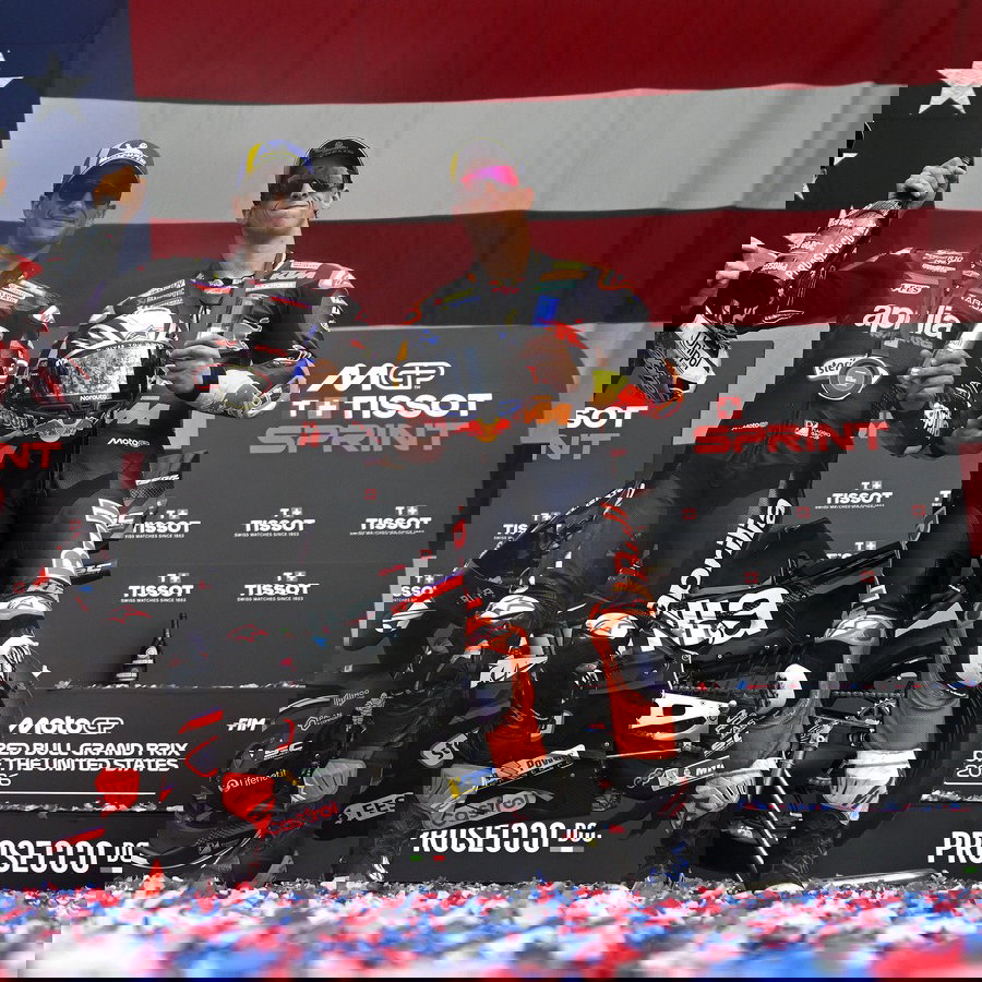 Jorge Martin, Pecco Bagnaia, Pedro Acosta, 2026 US MotoGP Sprint podium.